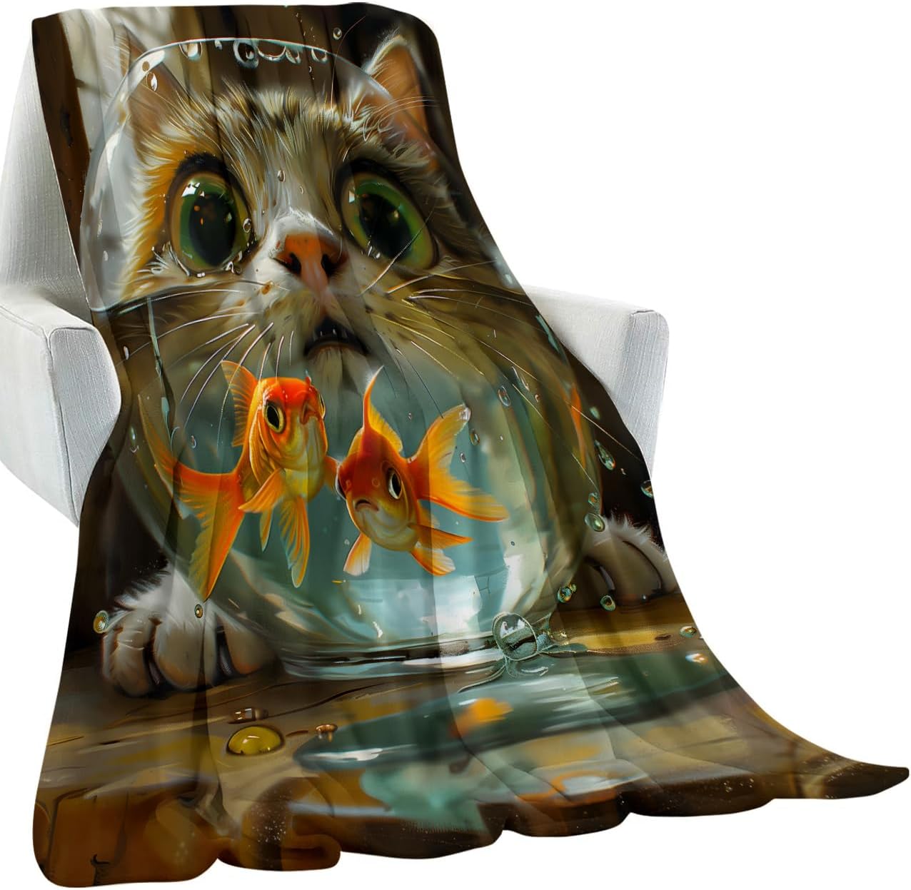 Cute Cat Fishbowl Blanket, Cartoon Kitten and Goldfish Fantasy Illustration Lightweight Flannel Throw 50×60 for Couch Sofa Bed, Playful Cozy Home Decor and Unique Gifts for Cat Lovers Girls