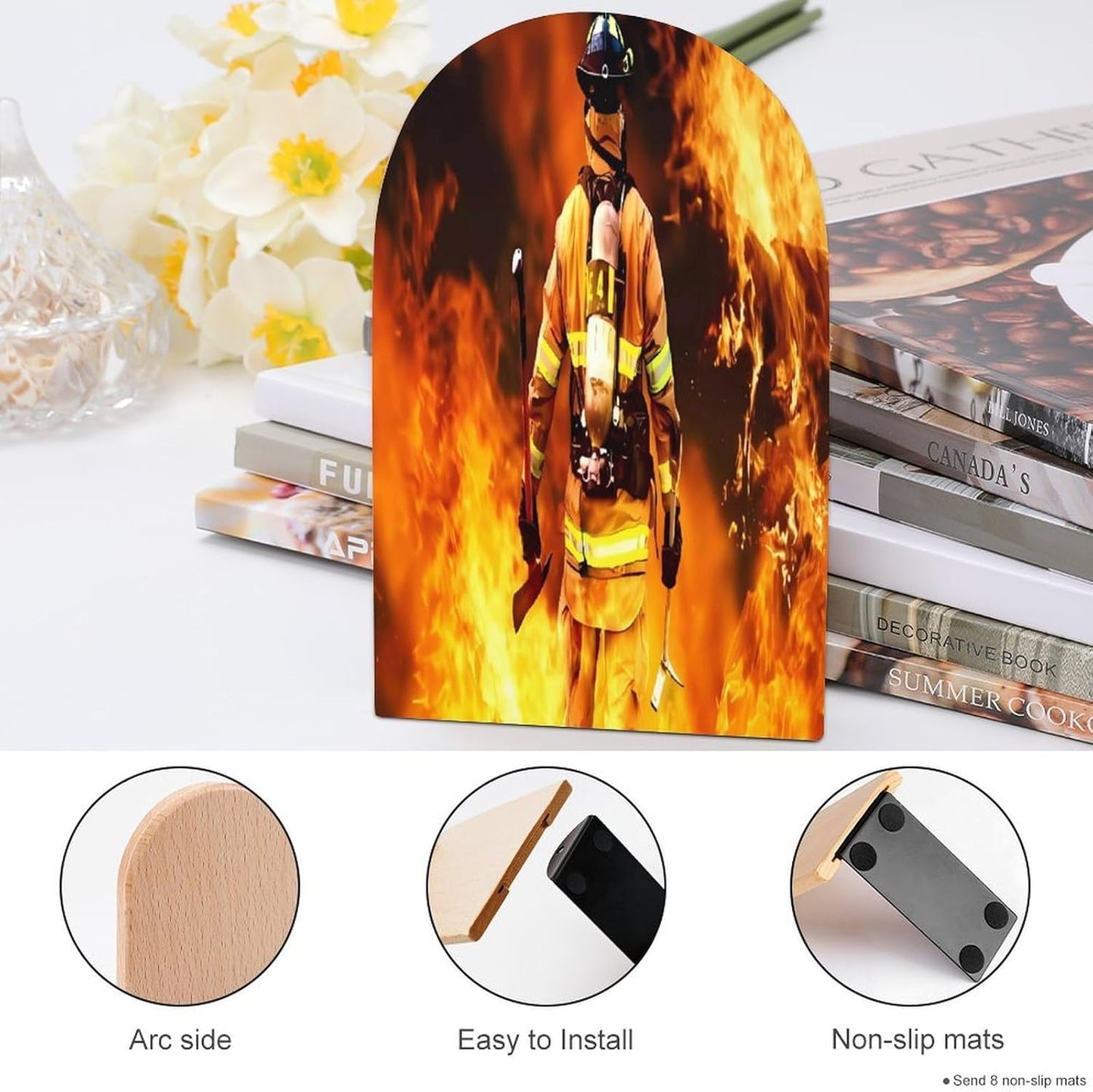 Firefighter Fireman Flame Wooden Bookend Non-Slip Book Ends Heavy Duty Book Stopper with Metal Base Books Holderd Decorative Bookends Stands Firmly for Office Supplies