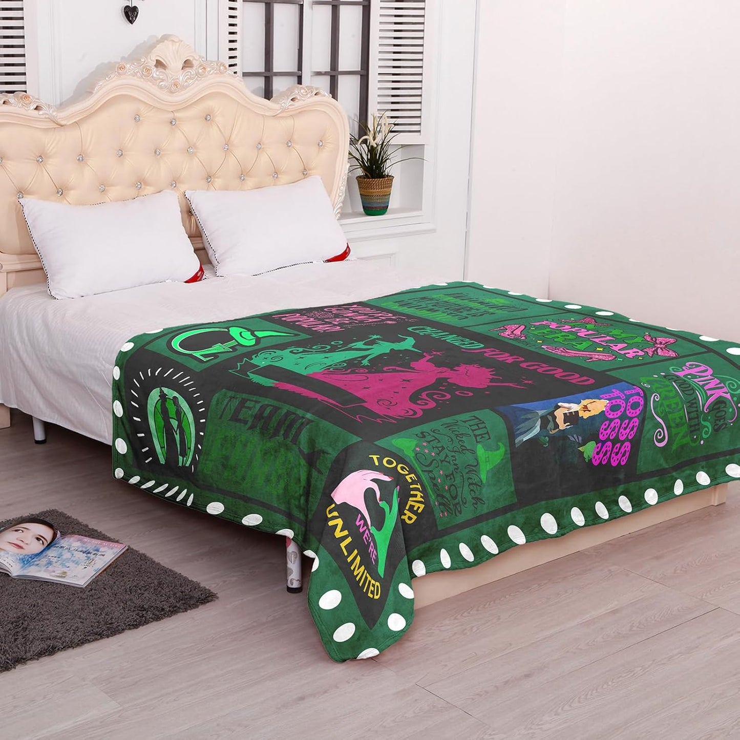 50'' x 40'' Witch Green Vintage Flannel Blanket, Evil Gift Queen Throw Broom, Elphaba Hat Glinda Magic Movie Land Blanket, All Seasons Warm Cozy Soft Blanket for Sofa Bed Halloween Women Girls Fans 1
