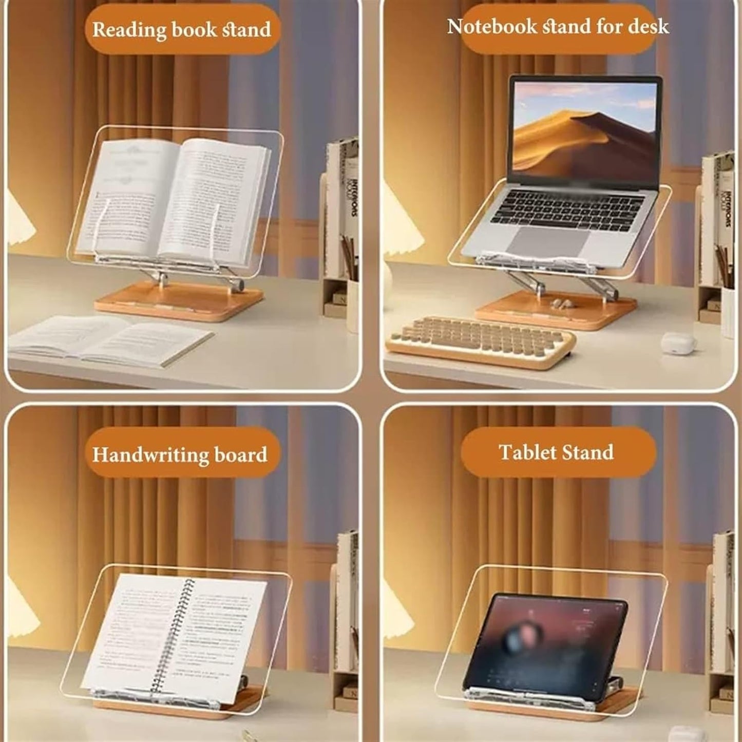 Book Stand for Reading Hands Free, Clear Cookbook Holder Stand, Book Holder for Bed, Laptop Stand Adjustable Height, for Books Laptop Textbook Recipe Document (Natural) (Natural)