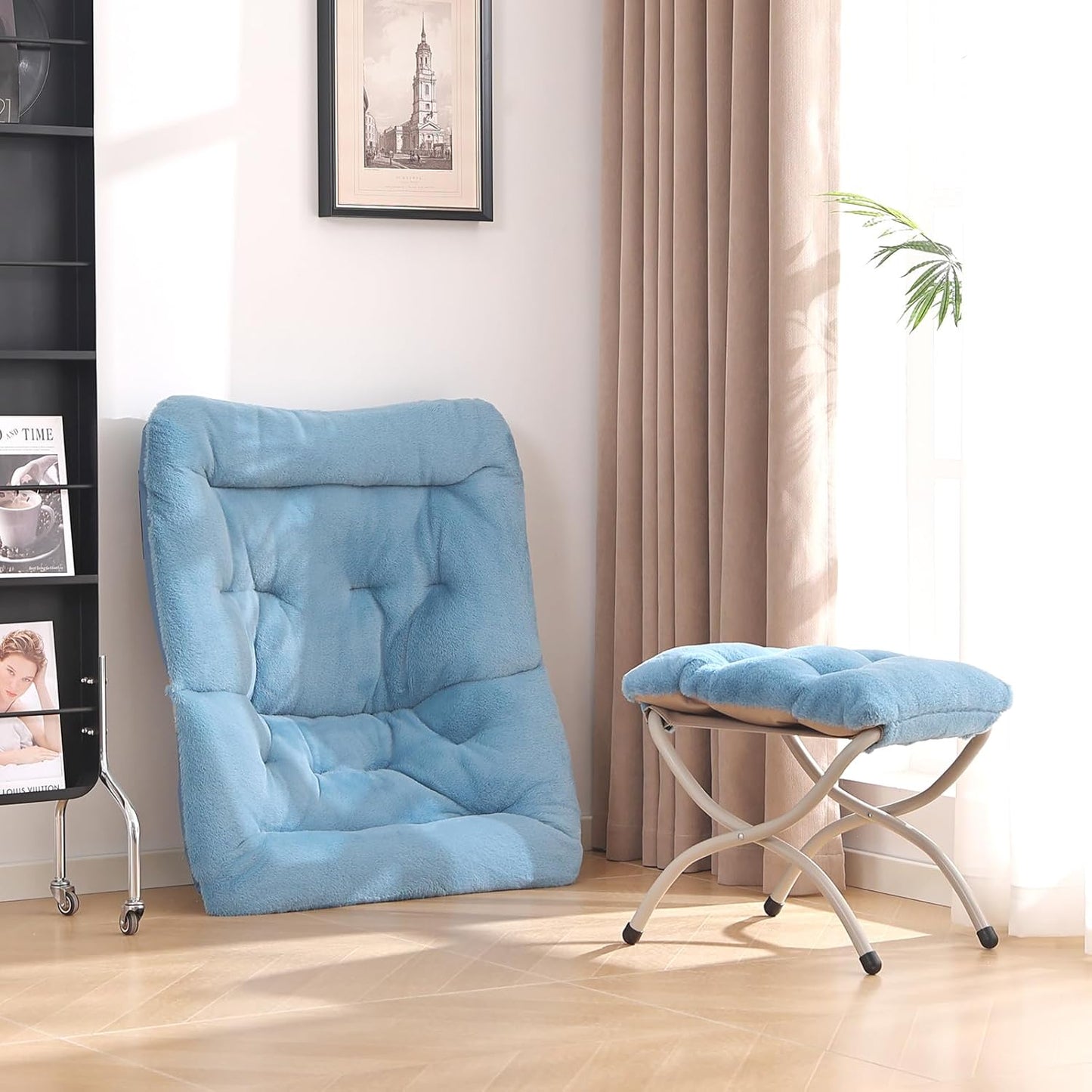 Saucer Chair with Ottoman, Comfy Oversized Folding Chair, Faux-Fur Reading Chair for Teens, Adults, Foldable Accent Lazy Chair, Metal Frame Chair for Living Room, Bedroom, Blue