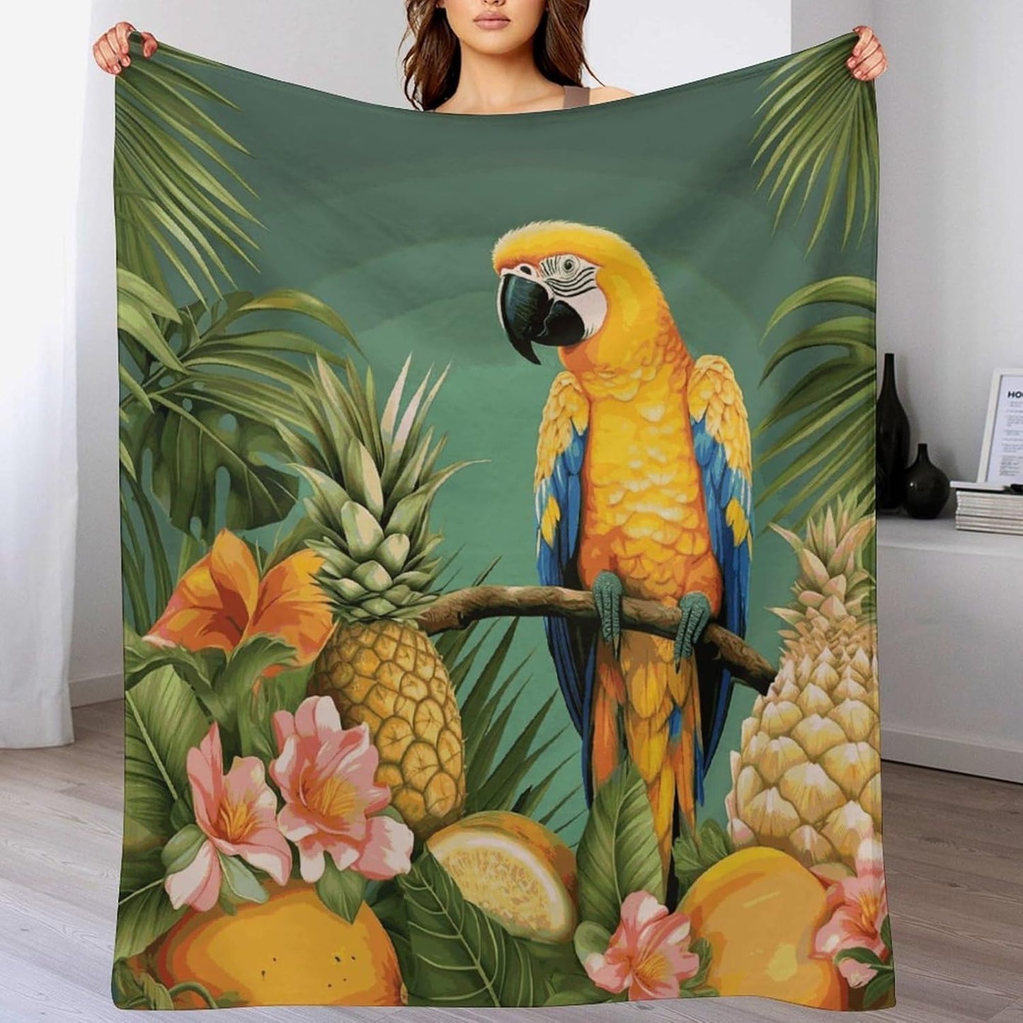 Summer Parrot Pineapple Bird Blanket Super Soft Lightweight Throw Blanket Cute Cozy Warm Bed Blanket Decorative Fuzzy Blanket All-Season Home Decor Gift for Sofa Couch Living Room 50"*60"（130*150cm）