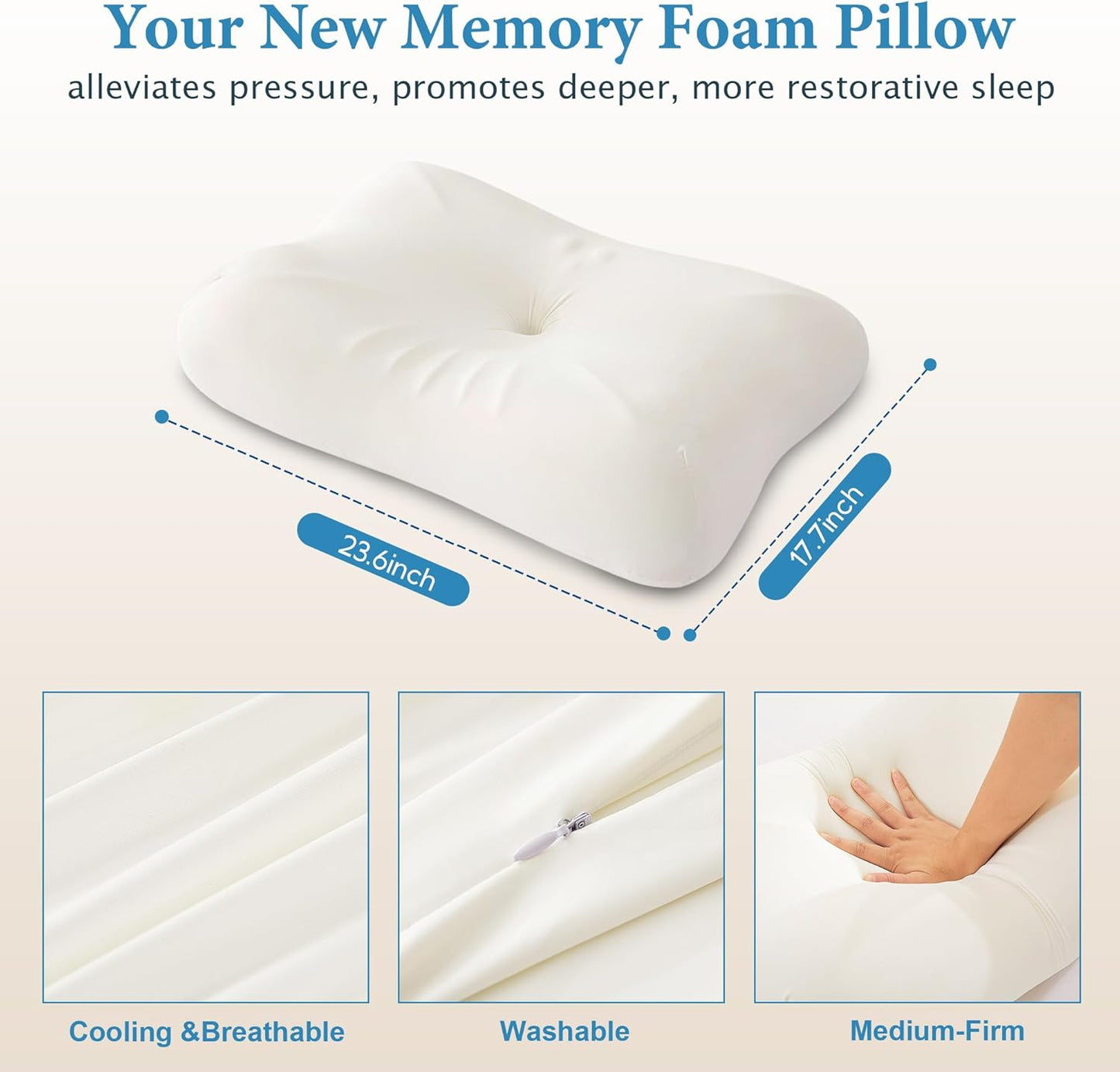 Cervical Neck Pillow for Pain Relief, Odorless Memory Foam Pillow with Cooling Cover & Dual Height, Ergonomic Contour for Neck & Shoulder Support, for Side, Back & Stomach Sleepers