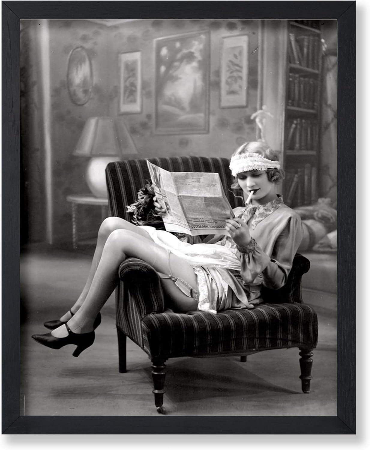 Poster Master Vintage Smoking Flapper Girl Poster - Retro Reading in Stockings Print - Lingerie Art - Fashion Art - Glam Gift for Her, Women - Decor for Bedroom, Living Room - 8x10 UNFRAMED Wall Art