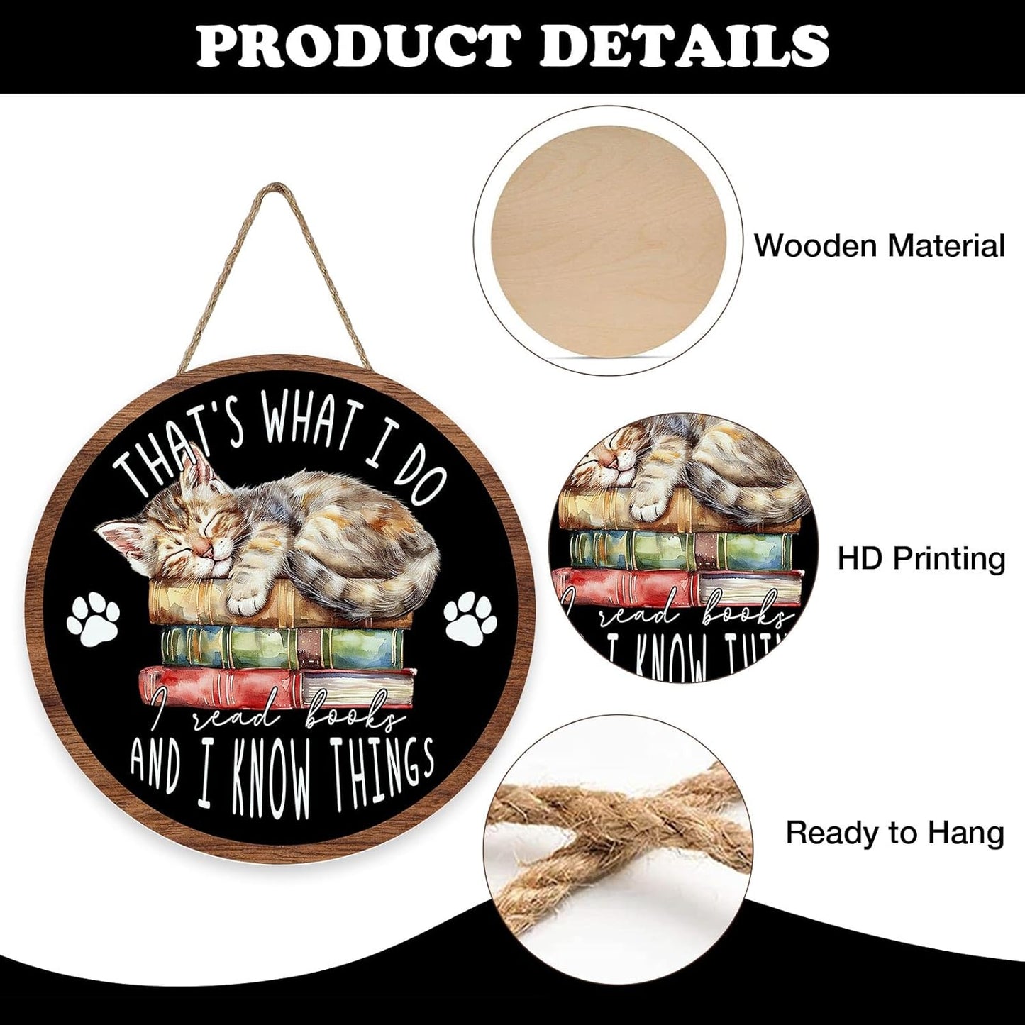 Reading Corner Cat Front Door Sign, Inspirational That's What I Do I Read Books And I Know Things Wood Plaque Hanger, School Classroom Library Wooden Wreath Wall Hanging Decor Book Lovers Gift