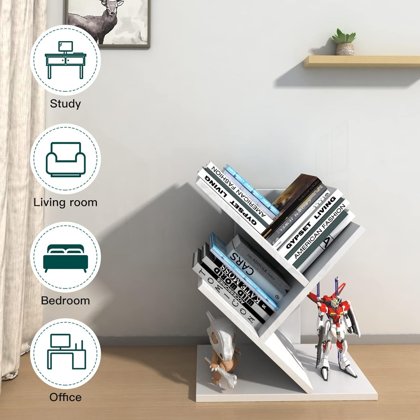 Godferyxin Tree Bookshelf, 3-Tier Small Book Shelf for Desk – Wood Bookcase with Storage Shelves, Compact Shelf for Living Room, Bedroom, or Home Office, White Finish, Holds Books, CDs, and Magazines