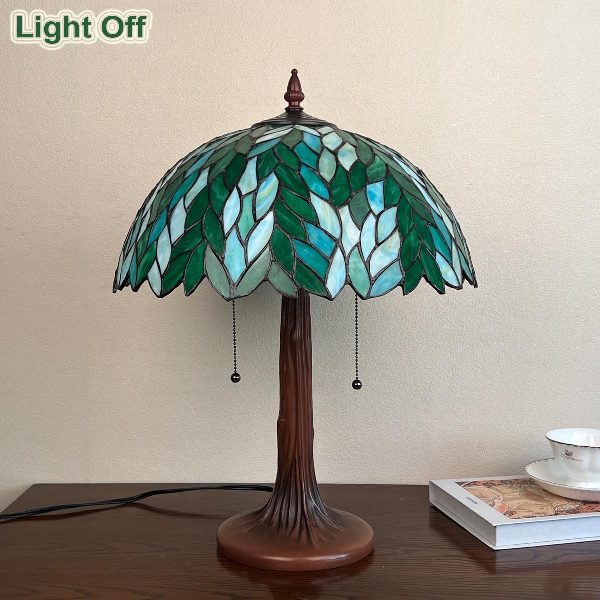 Tiffany Style Table lamp, Green Wisteria Stained Glass Desk Light - Antique 16” Large Nightstand Bedside Reading Light for Living Room Bedroom Office