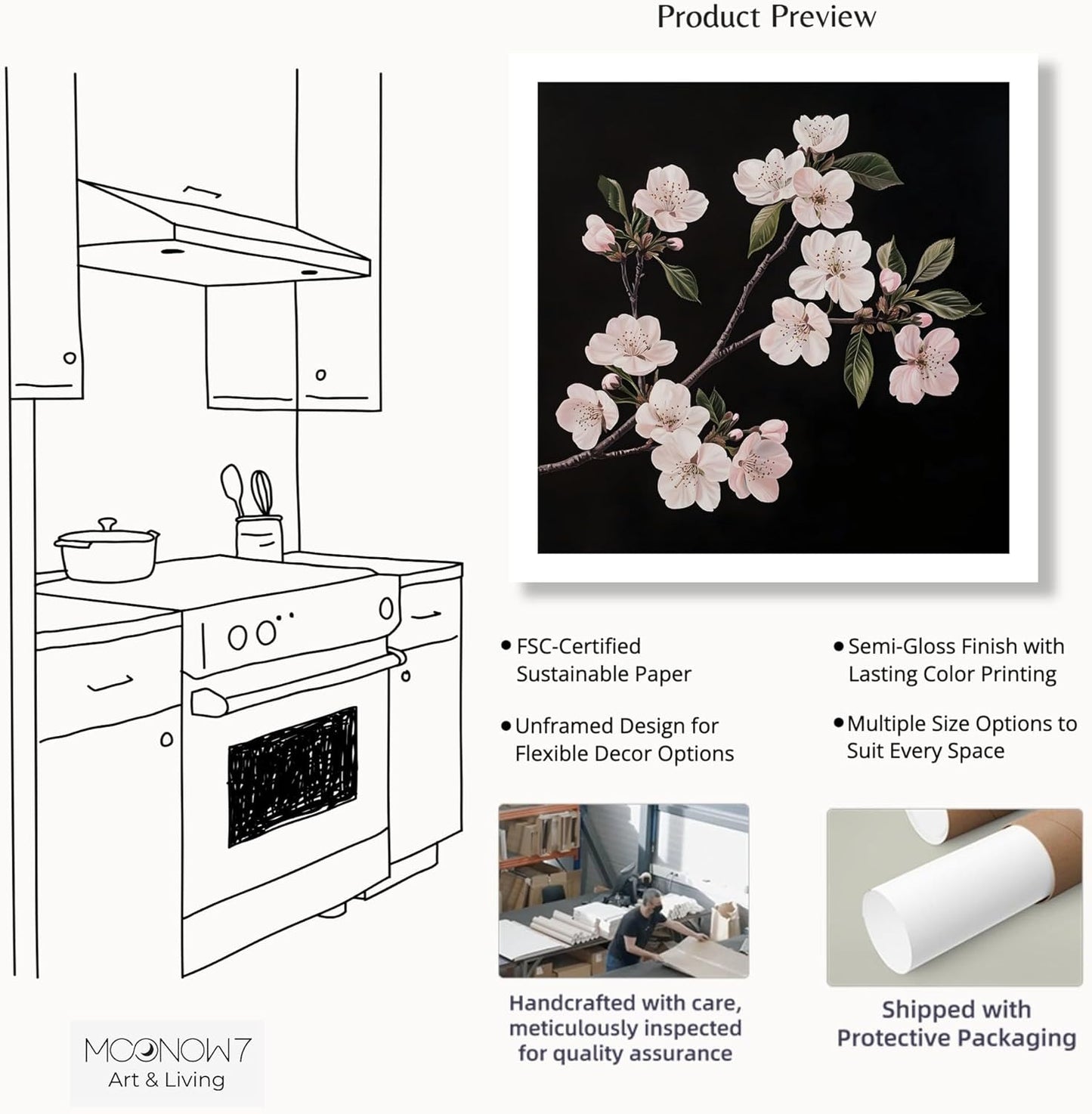 Moonow7 Cherry Blossom Wall Art Prints, Black and White Botanical Poster for Bedroom, Bathroom, or Office, Minimalist Flower Print for Tranquil Interiors, Unframed Size 30x30 cm / 12x12”
