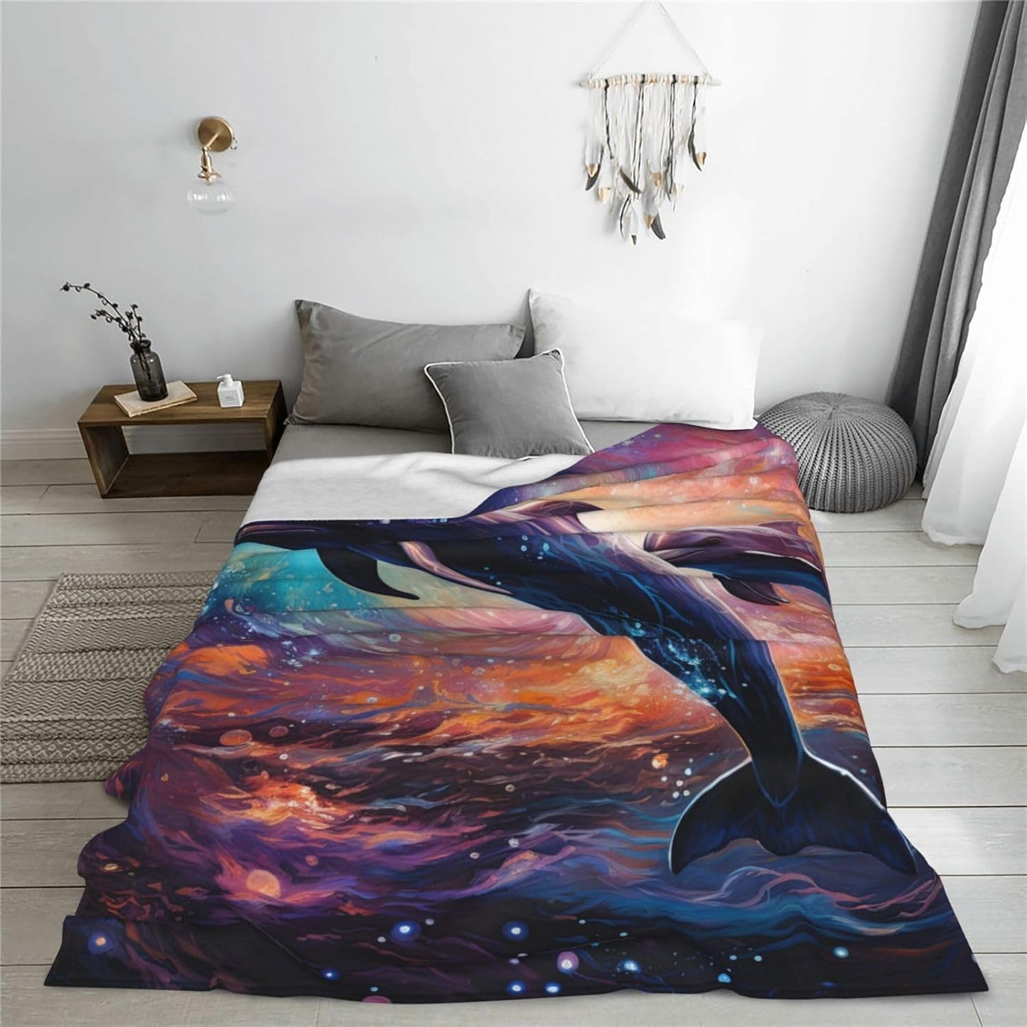 Dolphin Throw Blanket Cute Dolphin Blue Ocean Animal Themed Blanket for Kids Boys Girls Adult Room Decor Flannel Plush Ocean Dolphin Blankets Sofa Couch Living Room Bed Camping Travel 60"x50"