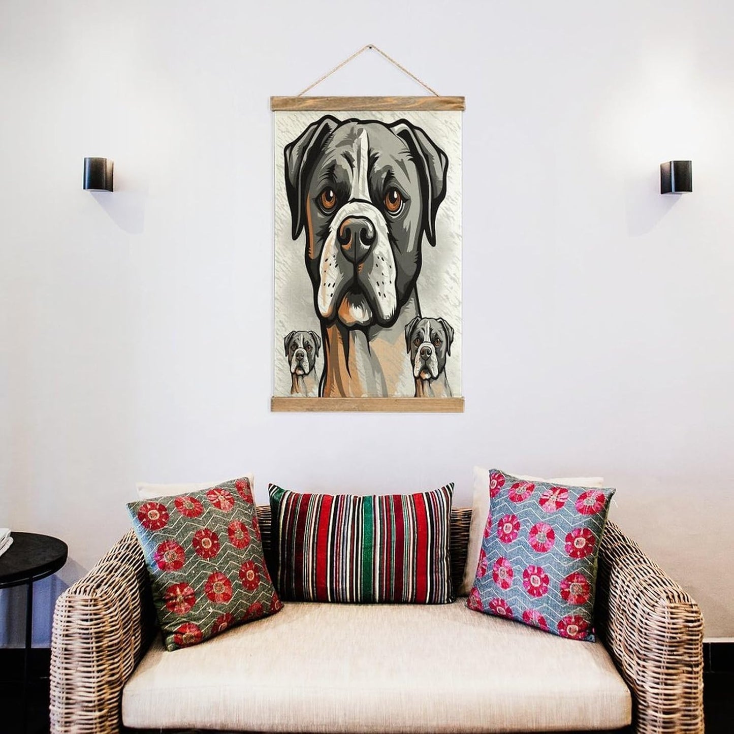 Vintage American Bulldog Head Poster with Wooden Frame Personalized Linen Hanging Scroll Painting Rustic Wall Hanging Illustrative Modern Artwork Decor for Home Living Room Bedroom Office