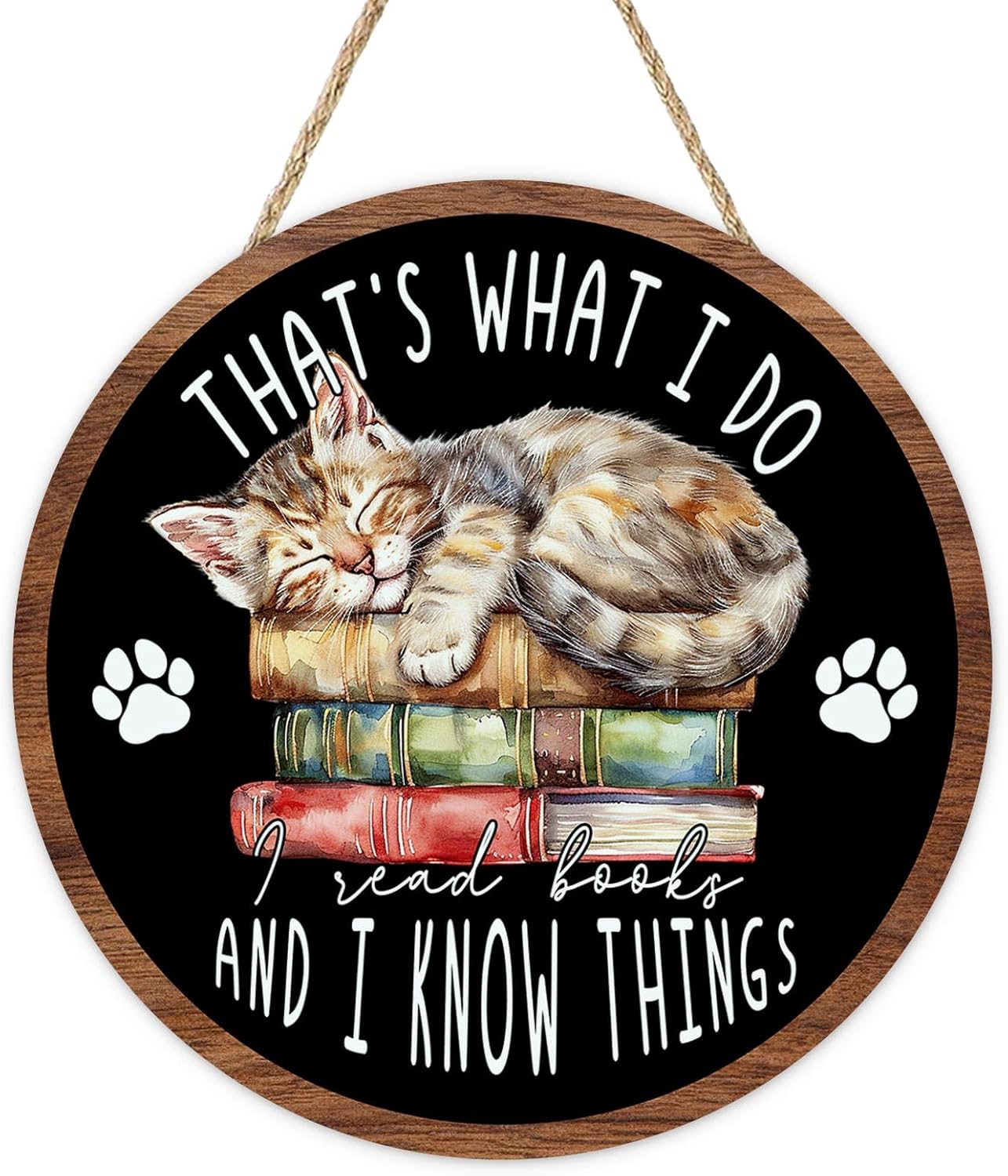 Reading Corner Cat Front Door Sign, Inspirational That's What I Do I Read Books And I Know Things Wood Plaque Hanger, School Classroom Library Wooden Wreath Wall Hanging Decor Book Lovers Gift
