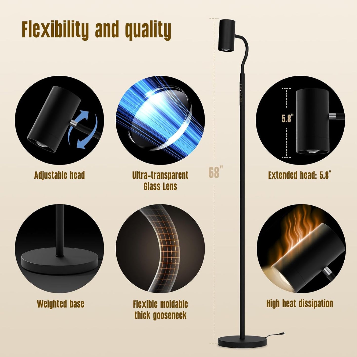 GLOWRIUM Reading Light Floor Lamp, 68 Inch Standing Lamp for Living Room with Reading & Mood Light, Dual-Head, 17W LED Stepless Dimming with Remote, Adjustable Height Gooseneck for Office Dining Room