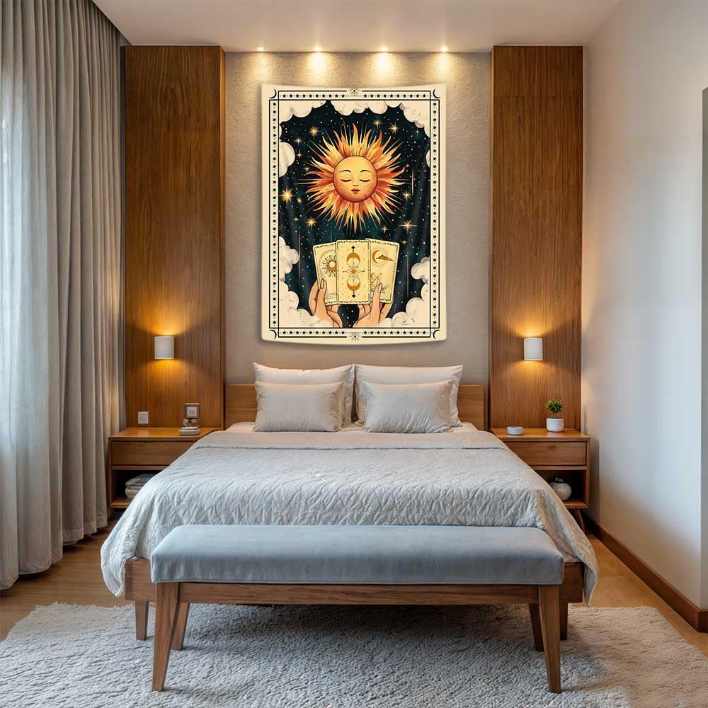 40X60 Inch Tarot Tapestry Wall Hanging - Sun & Moon Star White Cloud Psychedelic Boho Decor, Vintage Spiritual Art for Bedroom & Living Room, Orange Throw Blanket & Mystic Tarot Card Tapestrys