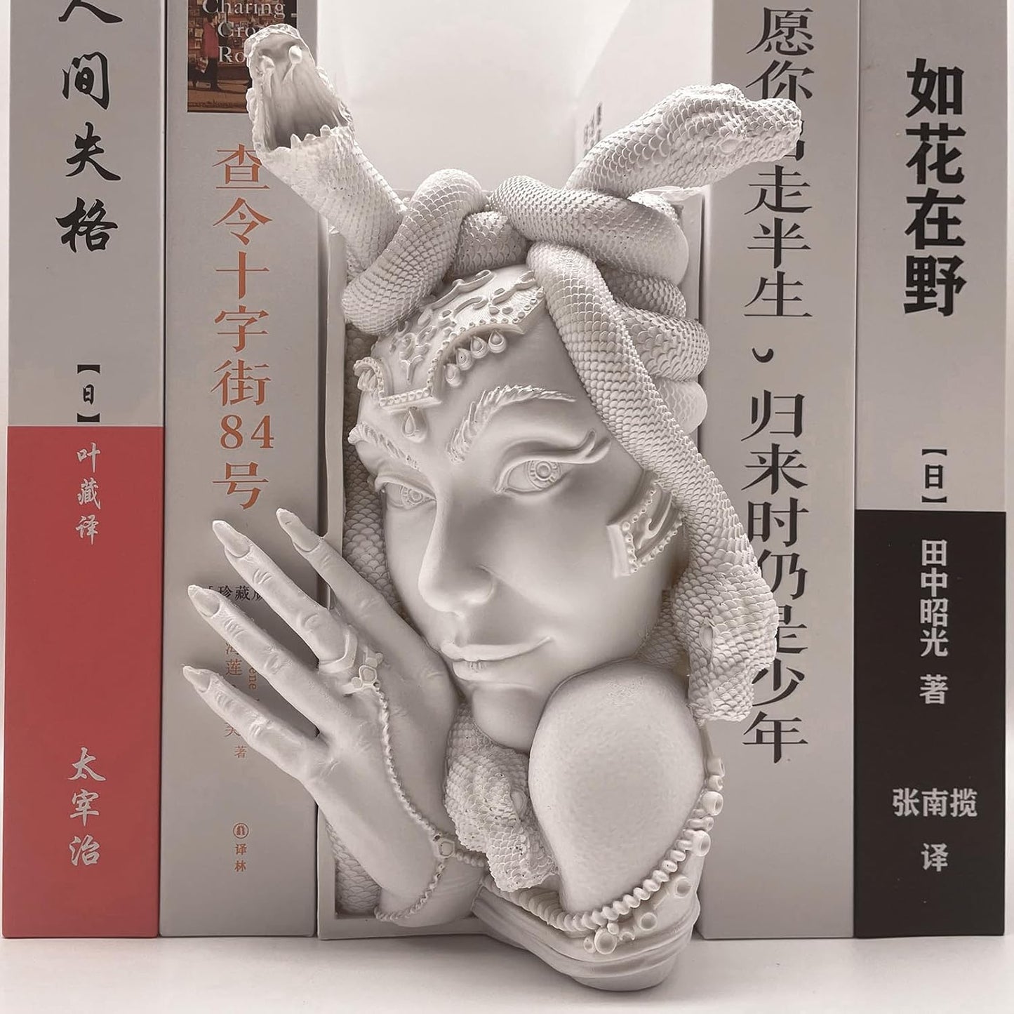 Medusa Head Book Nook, Unique Snake Women Face Decorative Bookends, Heavy Duty Book Stopper for Home Office Desk, Vintage Shelf Decor (White)