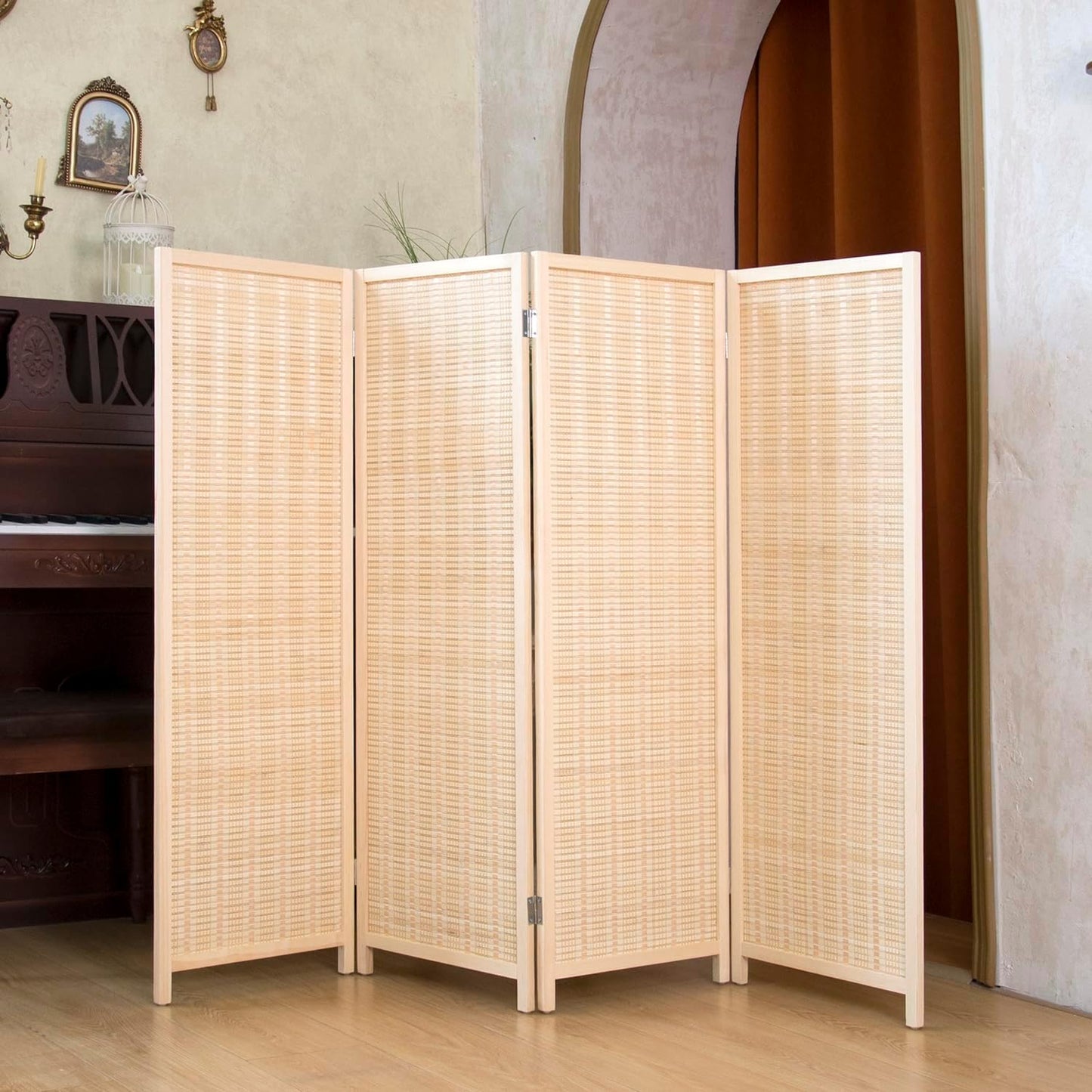 4 Panel Short Room Divider – 3.9 ft Tall Double-Side Folding Privacy Screen, Natural Beige Bamboo Partition Wall for Home Office, Living Room & Corner Spaces