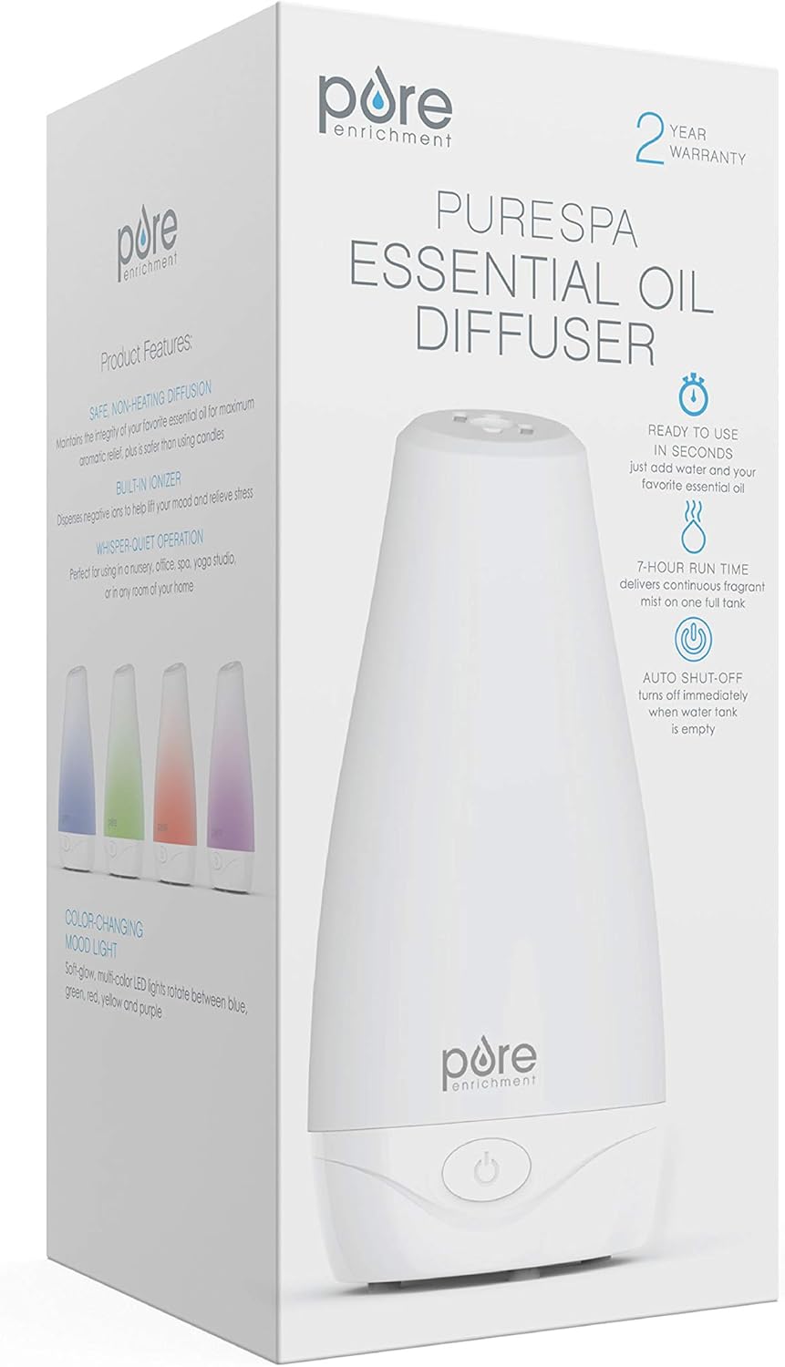 Pure Enrichment® PureSpa™ Essential Oil Diffuser - Compact Ultrasonic Aromatherapy Diffuser, Natural Air Deodorizer, 100ml Water Tank, and Optional Mood Light - Lasts Up to 7 Hours with Auto Shut-Off