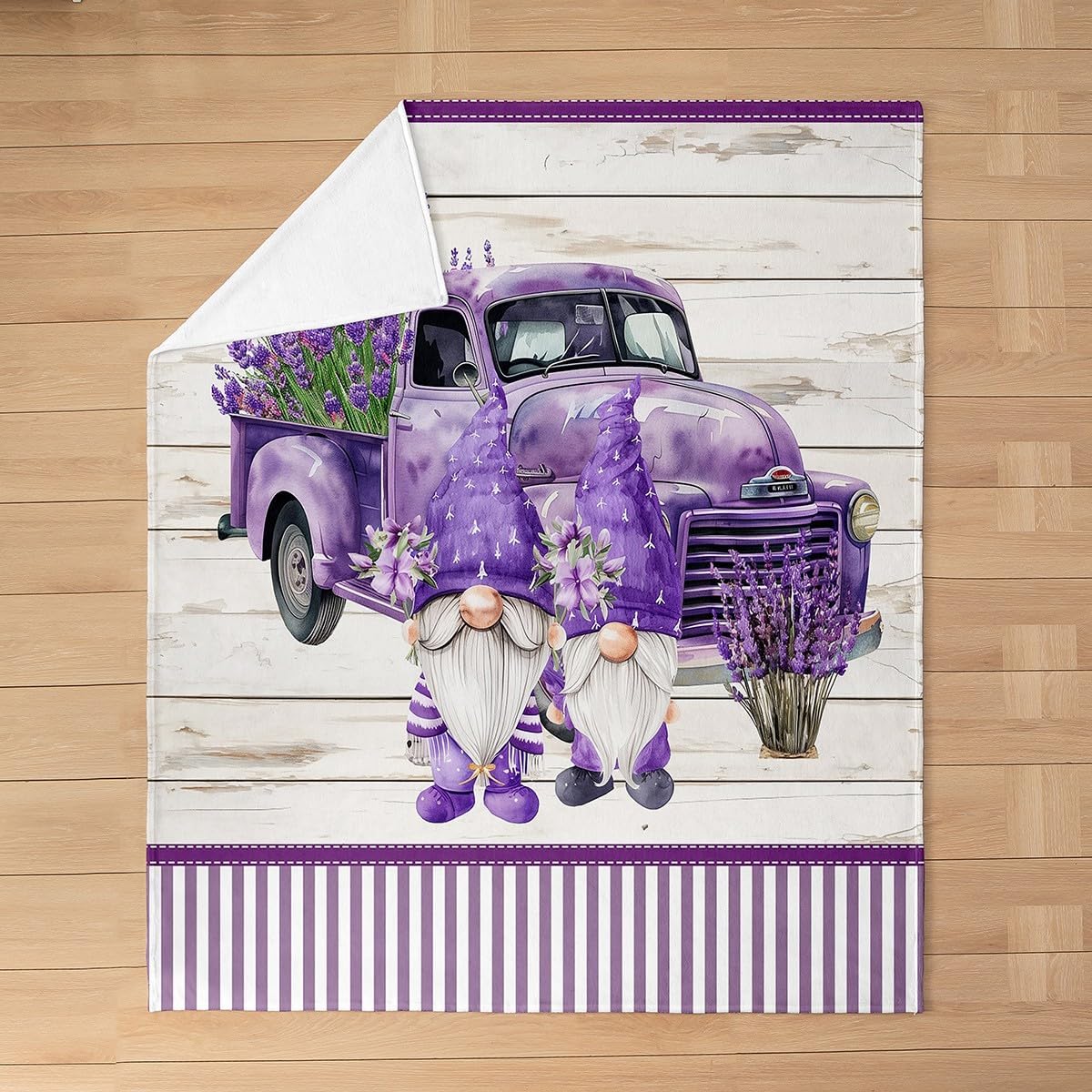 Purple Car Gnomes Fleece Blanket,Lavender Flower Plant Plush Blanket for Kids Teens,Lovely Room Decor,Purple Stripe Geometric Flannel Blanket,Twin 60"x80"