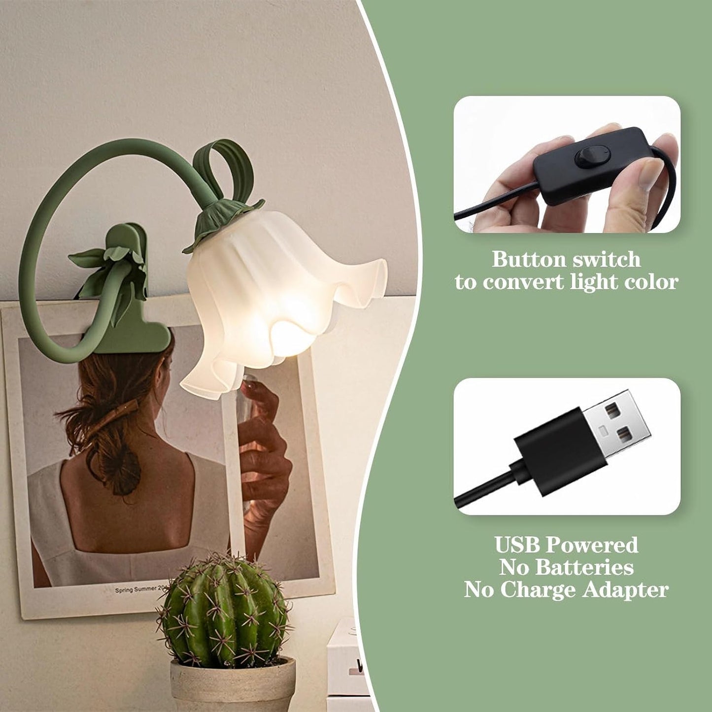 Flower Clip On Table Lamp,LED Reading Light 360°Rotation Clip on Light,Adjustable Headboard Lamp,3 Colors 5W Flower Night Light for Nightstands Living Room Bedroom Lighting Home Office Decor