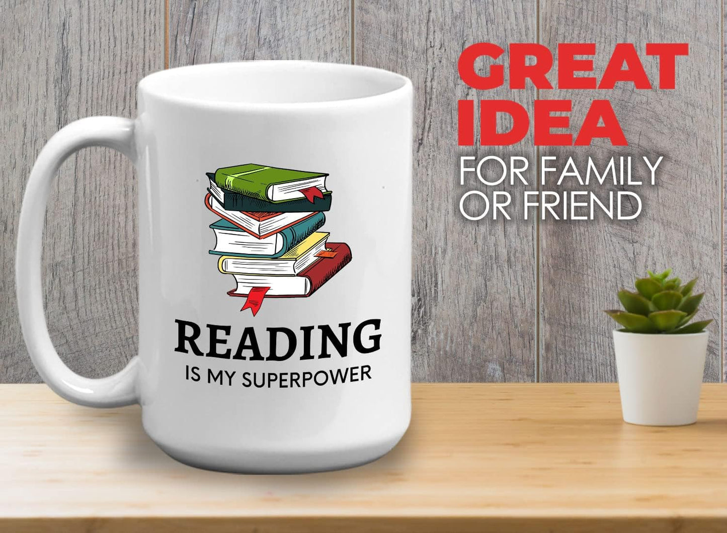 Bubble Hugs Book Lover Coffee Mug 15oz White - Reading Is My Superpower B - Reading Owl Reader Stack of Books Book Lover Bookish Novelist Librarian Writer