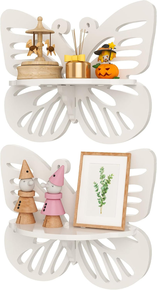 White Butterfly Shelves 2 Tier - Nursery Wall Deor Floating Shelf, Cute Wall Display Rack for Kid’s Room, Small Decorative Shelf Wall Mounted, Hanging Wall Shelf for Toys, Plants Storage.
