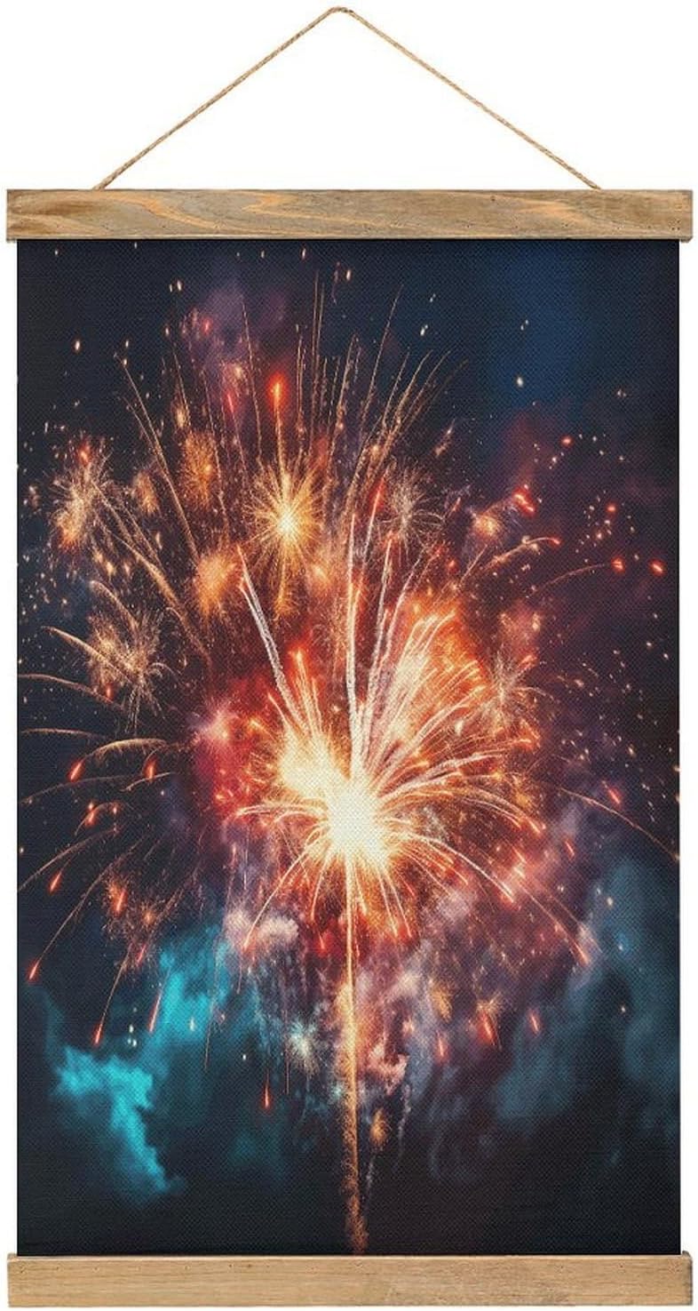 Vintage Explosion Firework Poster with Wooden Frame Personalized Linen Hanging Scroll Painting Rustic Wall Hanging Illustrative Modern Artwork Decor for Home Living Room Bedroom Office