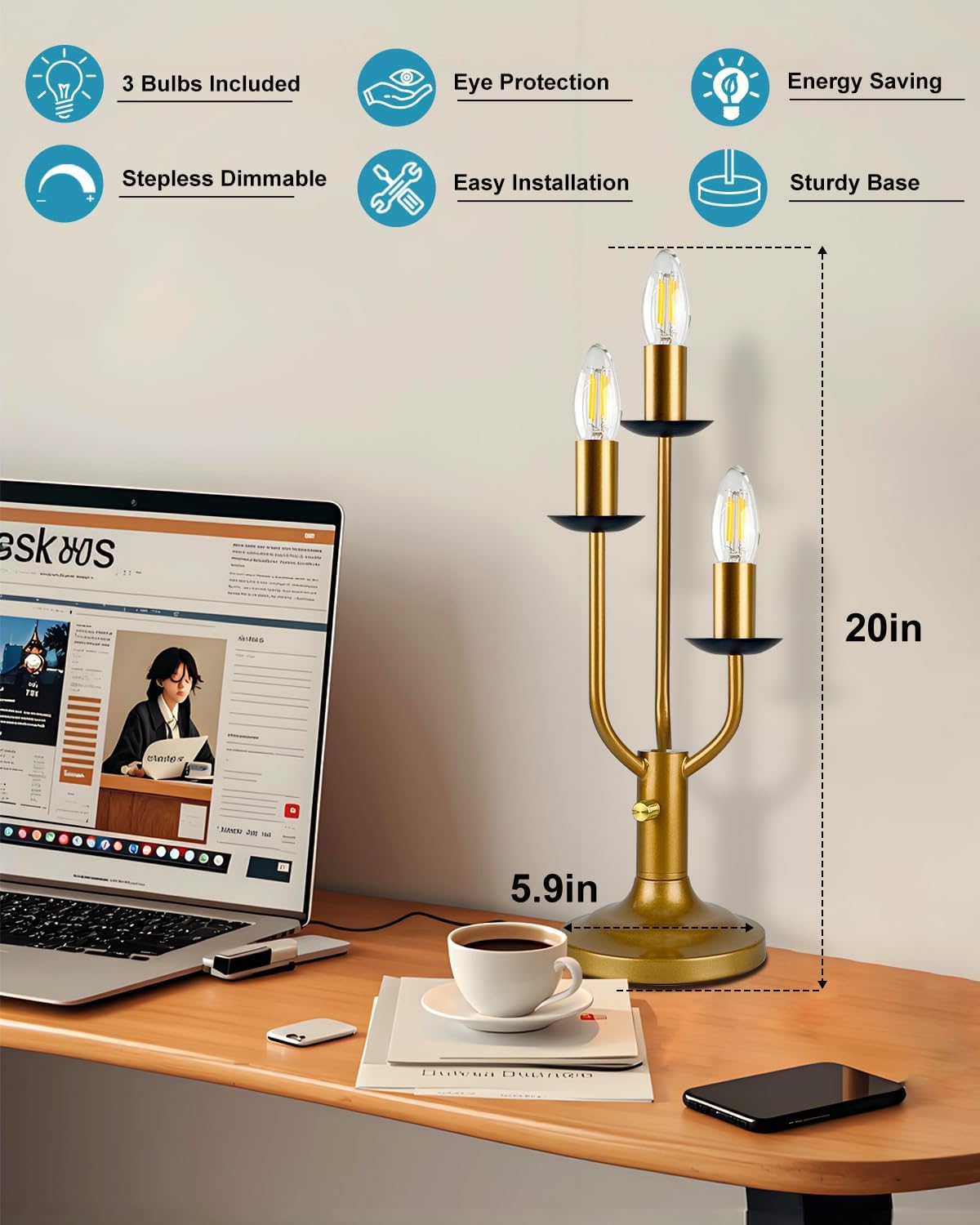Vintage Candle Table Lamp 3 - Light Candelabra Lamp for Wedding/Party, 3000K Warm White Dimmable Desk Lamp Mid Century Nightstand Bedside Lamps for Bedroom/Dining - Gold
