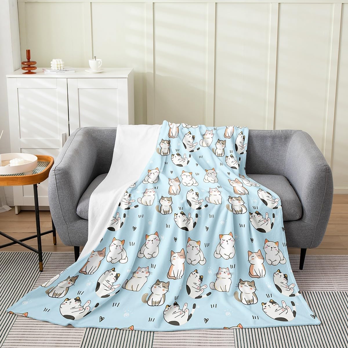Erosebridal Cat Fleece Blanket Throw Size, Kawaii Garfield Cat Fuzzy Blanket for Kids Boys Girls, Paw Print Love Heart Throw Blanket, Cartoon Animals Soft Flannel Blanket, Blue