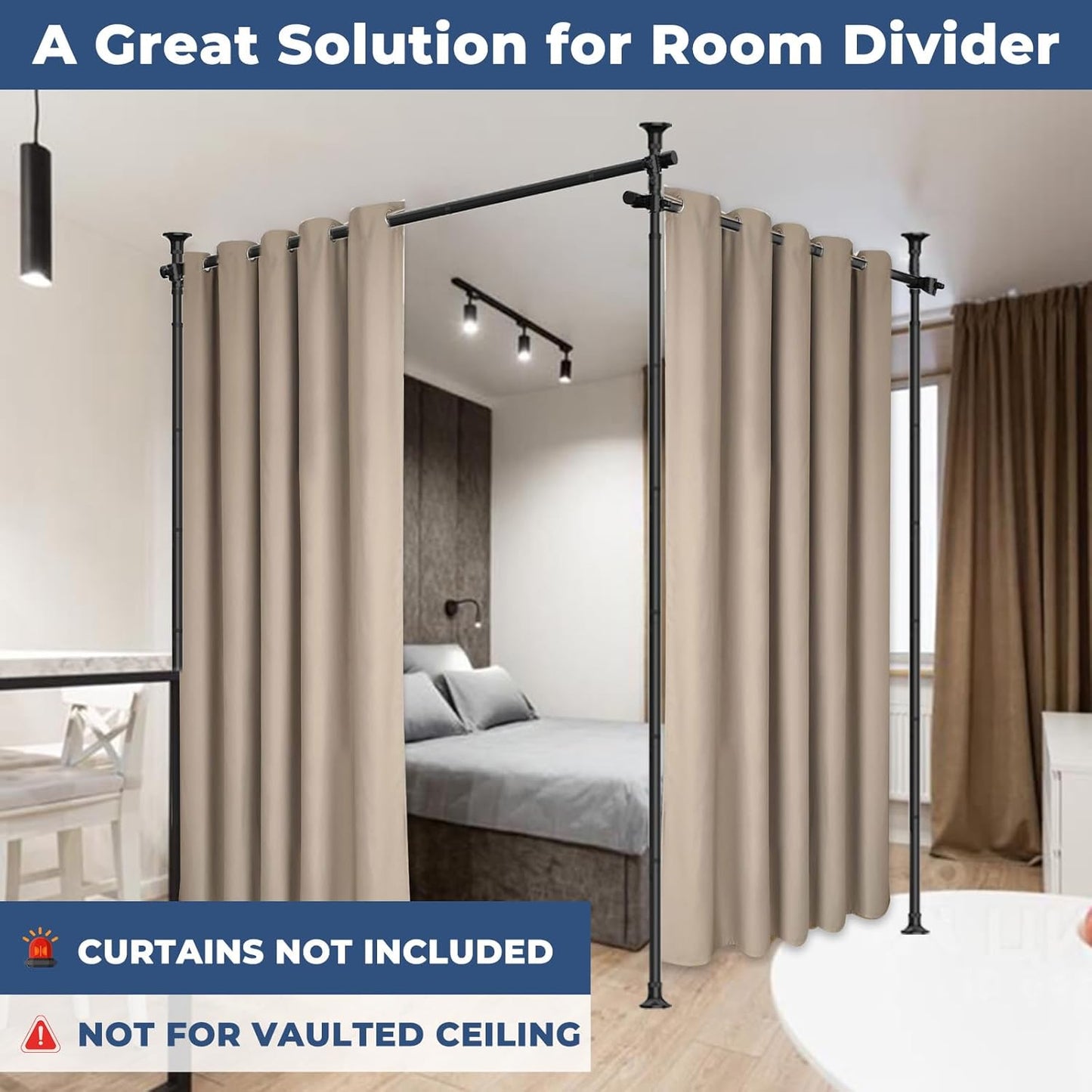 Drill-Free Room Divider Curtain Rod - Adjustable 4-10ft (H) 28-114inch(W) Inch No Damage Tension Pole, Heavy Duty 1" Rustproof Metal Curtain Rods for Privacy & Home Office, Black