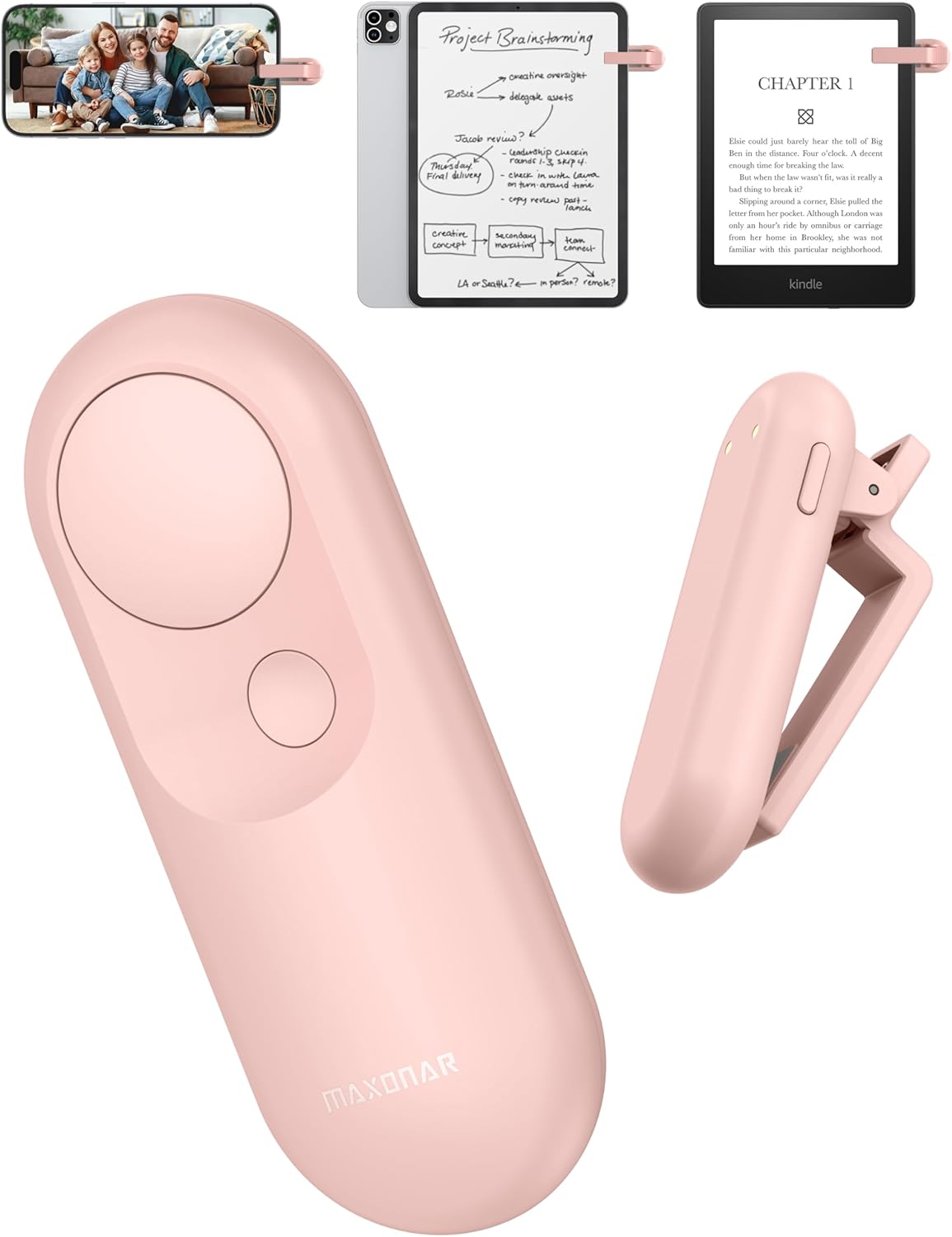 Maxonar Magsnap Remote Page Turner for Kindle Paperwhite/Oasis & Kobo, Never Lose Parts, 100-Hour Battery, RF Connection, 2-in-1 Page Clicker Works with Tablet/iPad, Ideal Gift for Book Lovers (Pink)
