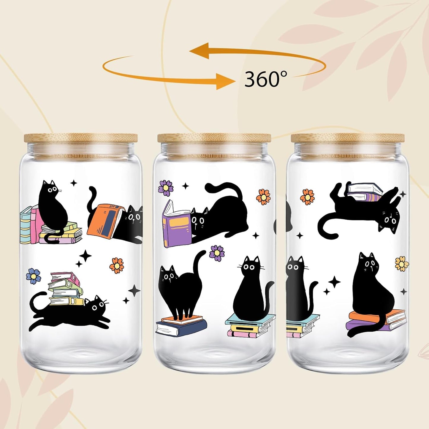 GSPY Black Cat Glass Cup, Funny Gifts for Cat Lovers & Book Lovers, Cute 16 oz Cat Themed Iced Coffee Cups - Bookish, Reader Tumbler Mug - Mothers Day, Birthday, Book, Reading Gifts for Women, Men