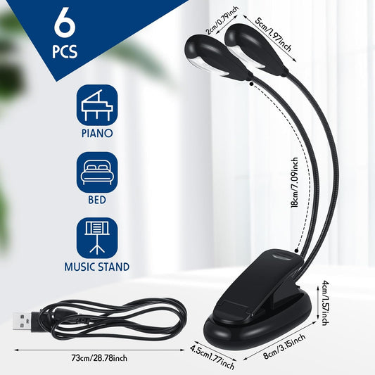 Retisee 6 Pcs Music Stand Clip on Reading Light Dual Heads USB and AAA Battery Operated LED Book Lights in Bed 3 Brightness Levels Ideal for Musician, Battery Not Included (Double-arm Style)