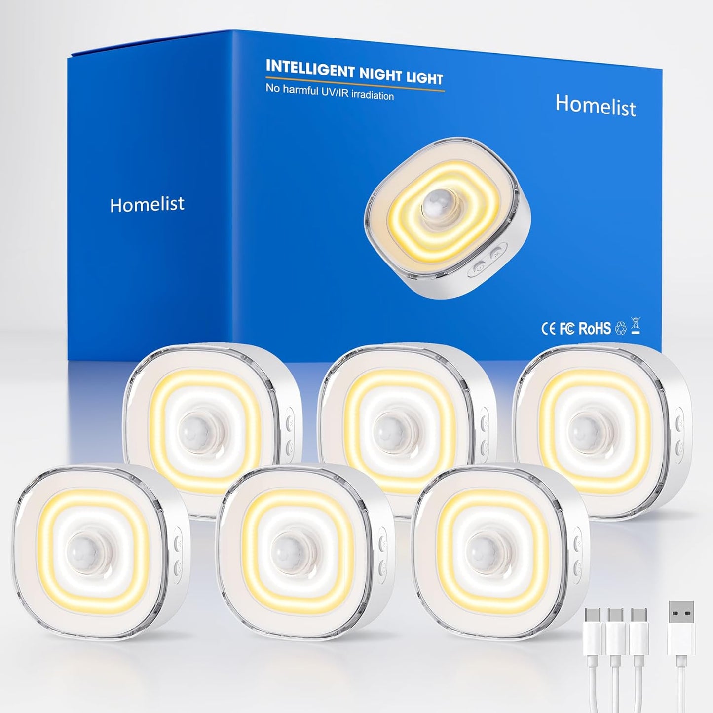 Homelist Digital Mini COB Puck Lights, 6 Pack Rechargeable Motion Sensor Lights Indoor 700mAh 100LM Sensor Night Lights, Dimmable Closet Light for Cabinet, Counter, Stairs, Hallway, Bedside