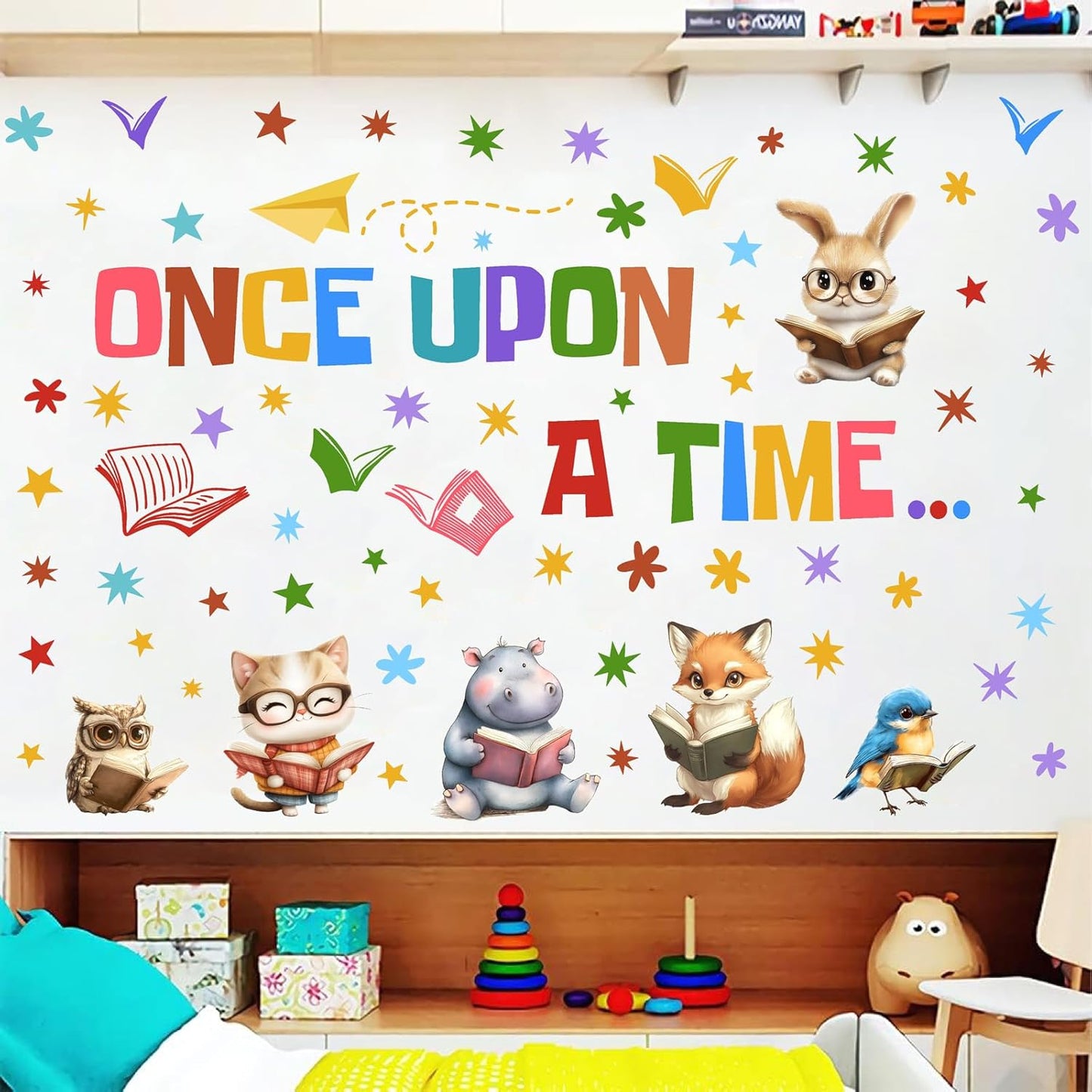 Reading Wall Decal Library Book Wall Stickers Story Read Book Animal Wall Decals Peel and Stick Reading Corner Wall Stickers for Nursery Kids Room Playroom Daycare Classroom School Decor