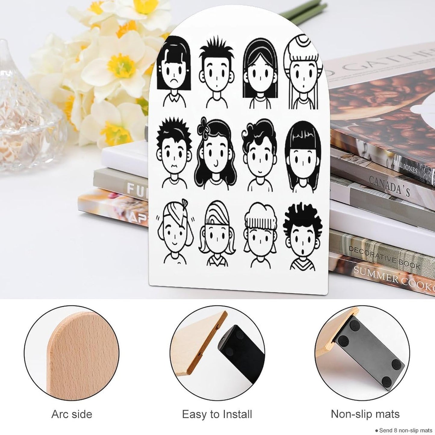 Various Faces Bookend for Shelves Wooden Book End Large Size Sturdy Book Holders Stoppers with Metal Base for Bookshelves Slick Decorative Bookends Stands