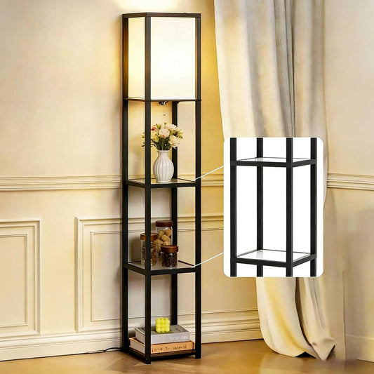 Floor Lamp with Shelves, Modern Square Standing Lamp with Glass Shelves, Corner Display Shelf with Light, Tall Lamp with Shelves for Living Room, Bedroom, Office, Bookshelf, Black