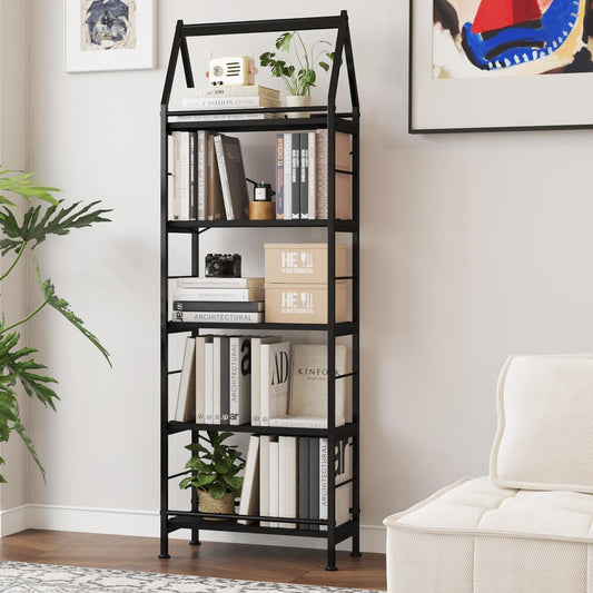 5-Tier Modern Bookshelf – Black Alloy Steel Standing Shelf Unit with Anti-Tip Kit, Open Display Rack for Study Room, Home Office, Living Room (Durable Wrought Iron Frame + Wooden Shelves)