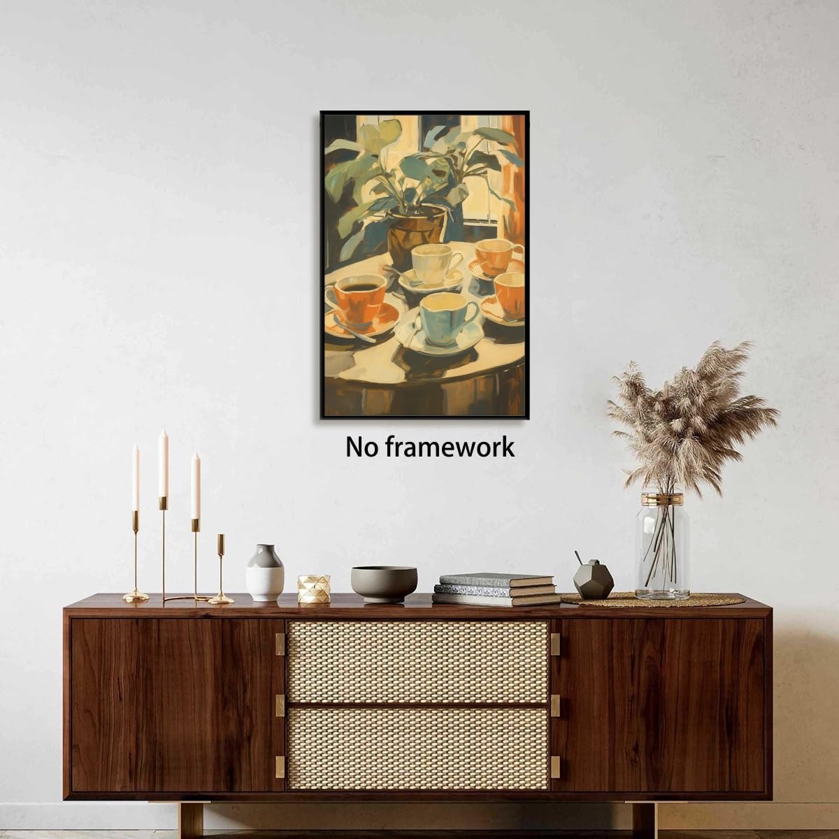 Retro Coffee and Plant Wall Art Vintage Coffee Table Moment Oil Painting Poster with Colorful Cups Prints Cozy Home Decor for Bedroom Kitchen Dining Room Reading Nook 12x18inch Unframed