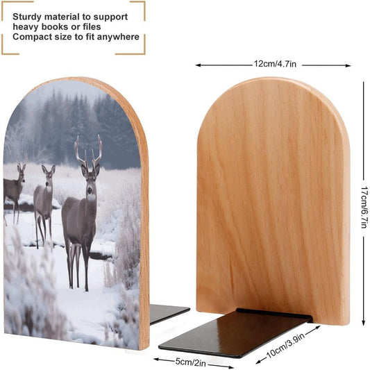 Non-Slip Bookend for Shelves Deer on Frozen Wilderness Wooden Bookends with Metal Base Decorative Book Stopper for Home Heavy Duty Wood Book Storage for Books/CDs