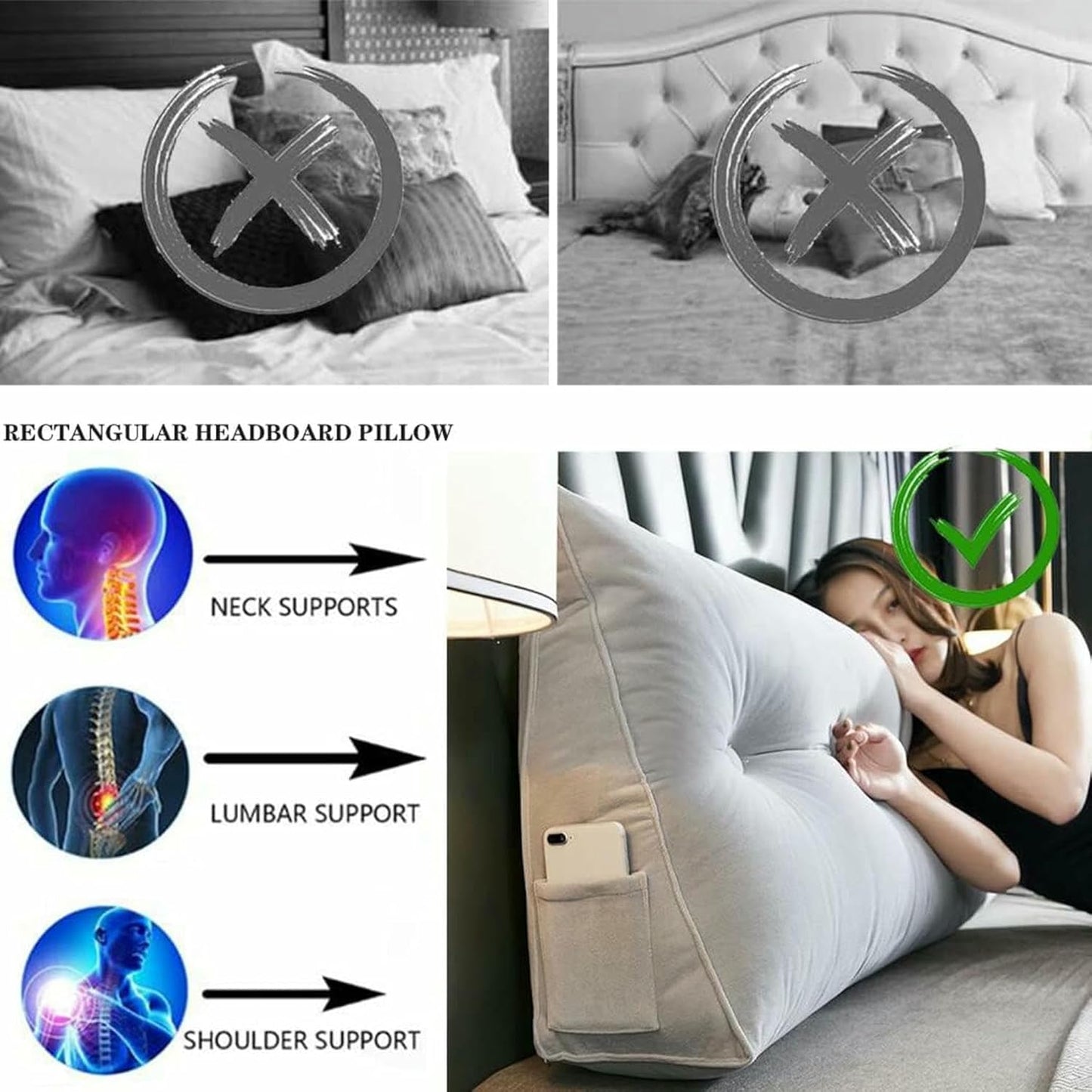 Soft Reading Bed Rest Pillow Large Bolster Cushion Headboard Backrest Triangular Wedge Pillow Neck & Lumbar Support for Dorm Room Daybed Full Size~/