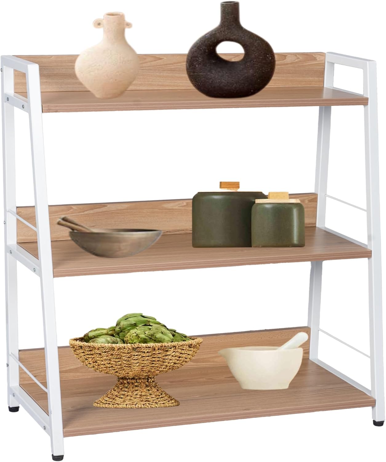 Kitchen Shelf, 3 Tier Ladder Shelf, Freestanding Book Shelf and Kitchen Storage Shelf Organizer, Wood and Metal Display Shelf for Living Room, Kitchen, Bedroom, Office (White, 3 Tier)