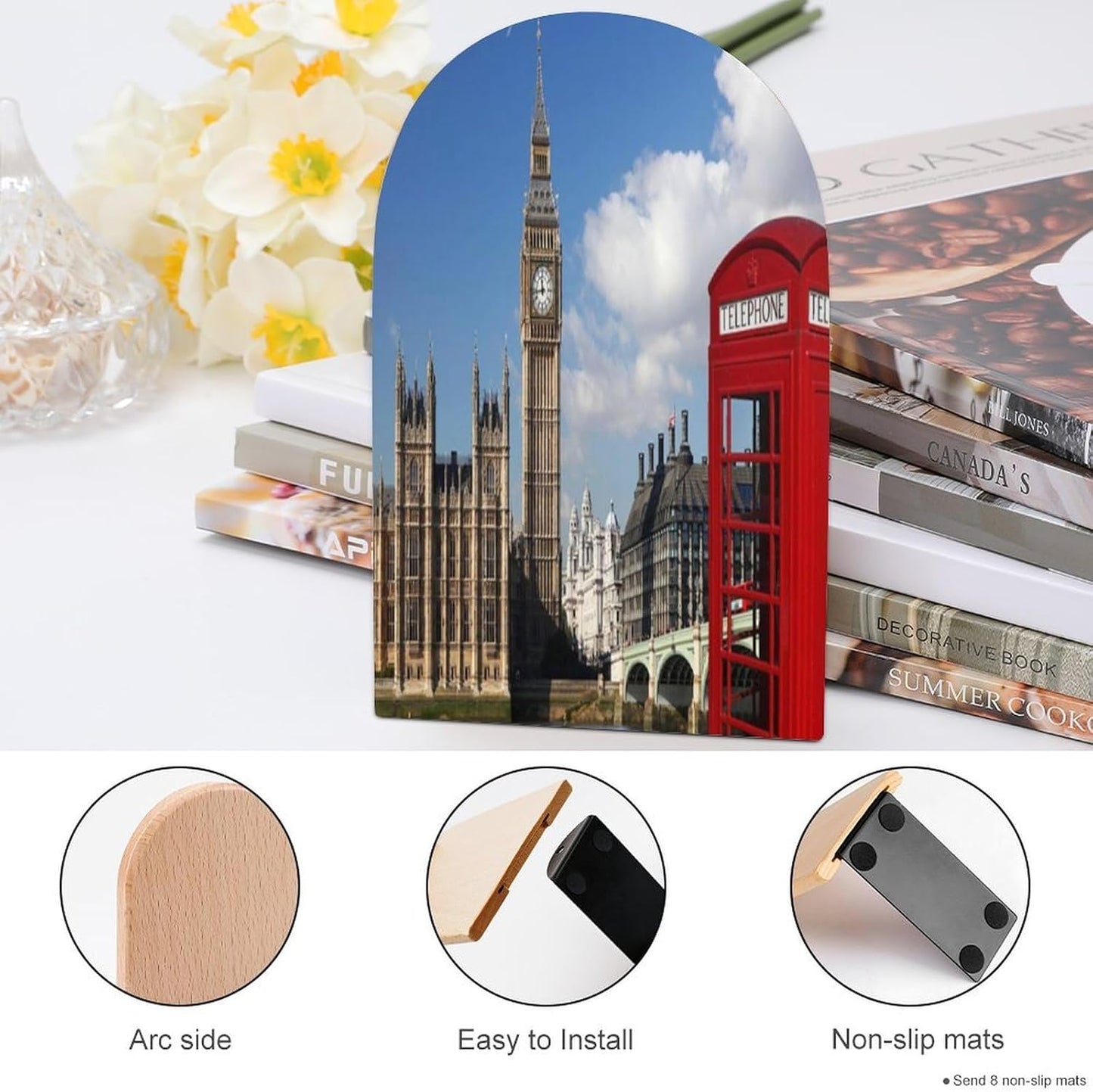 London Big Ben Wooden Bookend Non-Slip Book Ends Heavy Duty Book Stopper with Metal Base Books Holderd Decorative Bookends Stands Firmly for Office Supplies