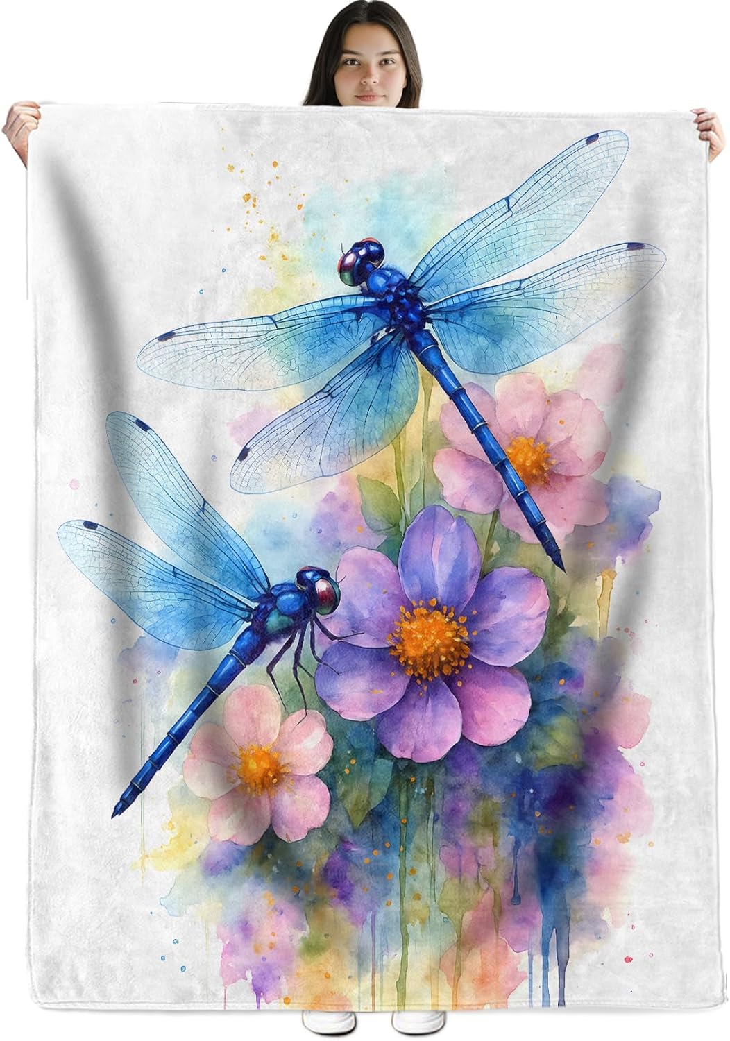 Watercolor Dragonfly Floral Throw Blanket 50" X 60" Flannel Blankets Insect and Flower Lightweight and Breathable Decorative Throws for Car Cabin Reading Space Women Teens Nature Lovers Gifts