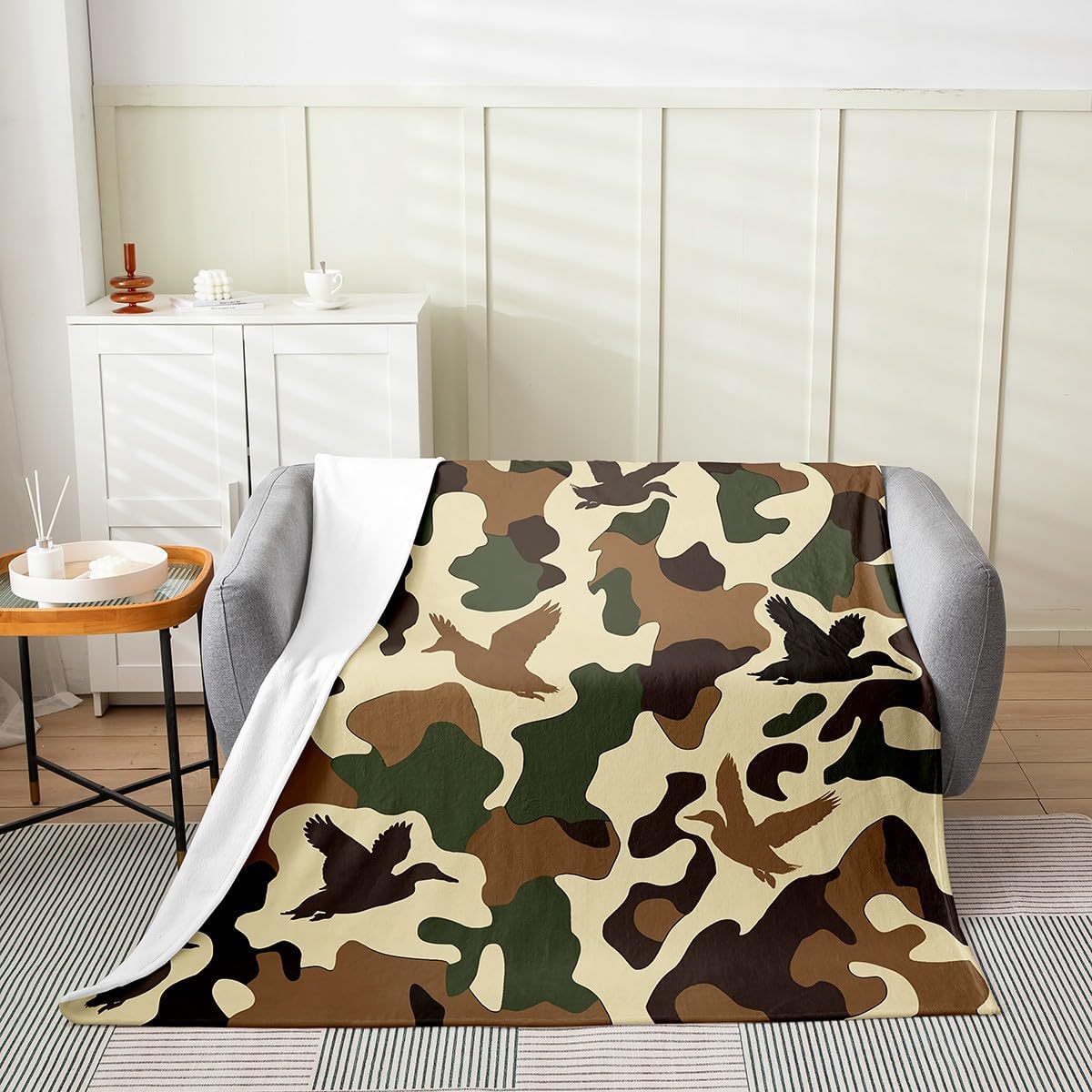 Erosebridal Duck Hunter Blanket Twin 60x80 Inch Camo Throw Blanket for Kids Army Camouflage Hunting Fleece Blanket Vintage Green Brown Bedroom Decor Wild Animal Duck Rustic Flannel Blanket