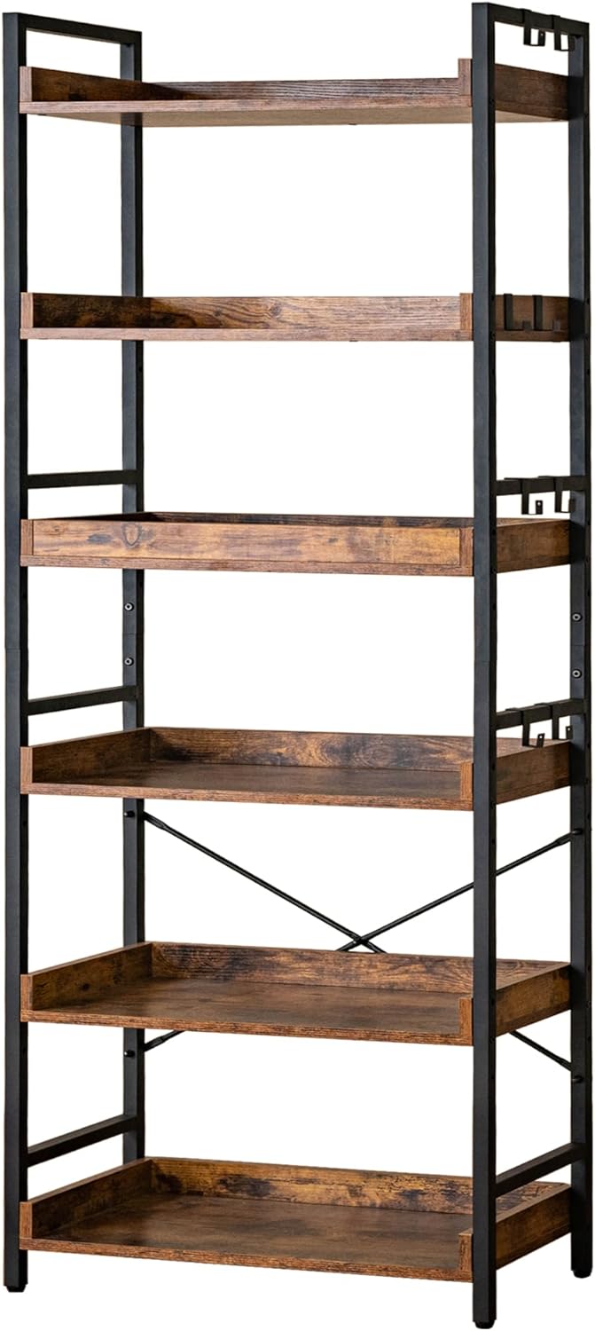 6-Tier Adjustable Open Bookcase — Industrial Wood & Black Metal, Rustic Farmhouse