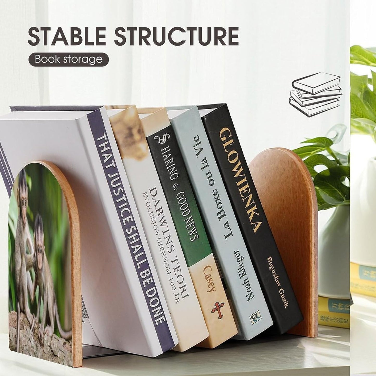 Cute Little Monkeys Wooden Bookend Non-Slip Book Ends Heavy Duty Book Stopper with Metal Base Books Holderd Decorative Bookends Stands Firmly for Office Supplies