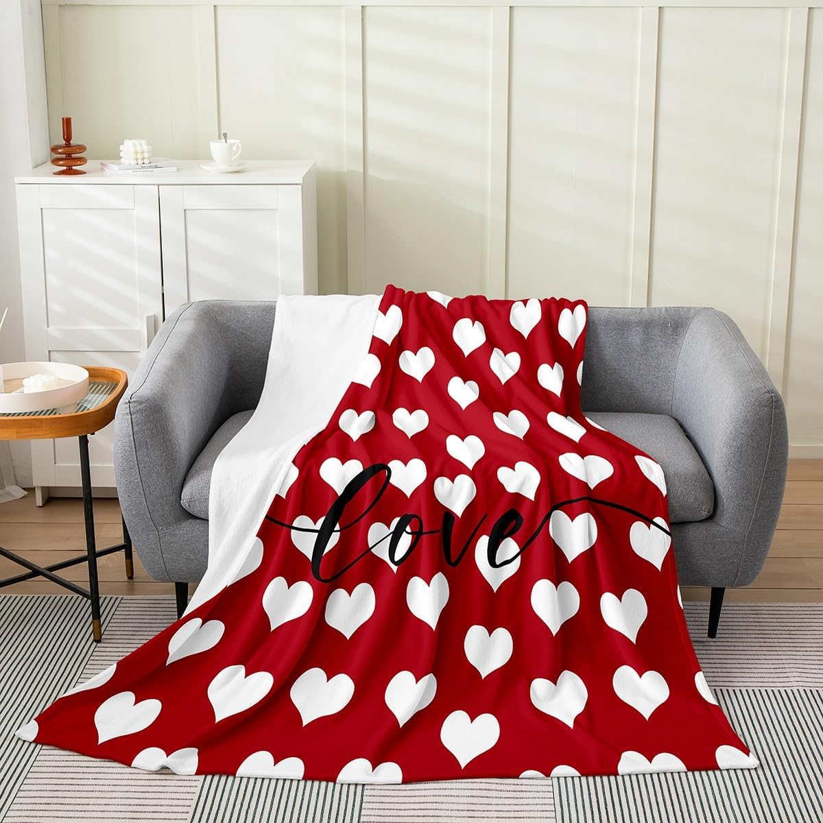 Love Heart Throw Blanket Queen Girls Red and White Fleece Blanket for Bed Couch Valentine's Day Women Kawaii Heart Pattern Flannel Blanket Cute Love Geometric Fuzzy Blanket Soft Warm Plush Blanket