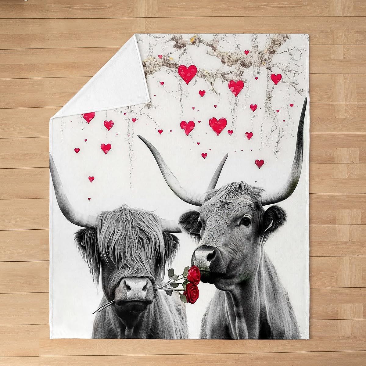 Happy Valentine's Day Blanket Throw 50x60 Inch Romantic Cow Throw Blanket Couple Red Heart Tree Love Farmhouse Valentines Fleece Blanket Rose Floral Grey Marble Bedroom Decor Fuzzy Blanket