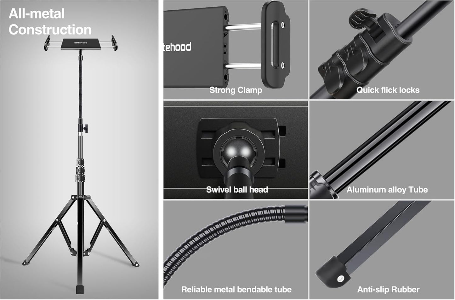 elitehood 72" Adjustable iPad Stand Floor, Heavy Duty Tablet Tripod Stand, Floor Tablet Tripod Holder for iPad Pro 12.9 Mini Air, iPhone and 4.7-13 inches Devices
