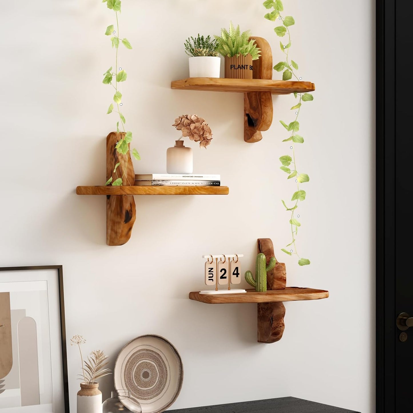 Live Edge Wall Mounted Beside Shelf – 16" Set of 2, Floating Nightstand Handcrafted Root Cedar Bedside Floating Shelf, Unique Natural Wood Wall Decor for Bedroom, Living Room, or Entryway