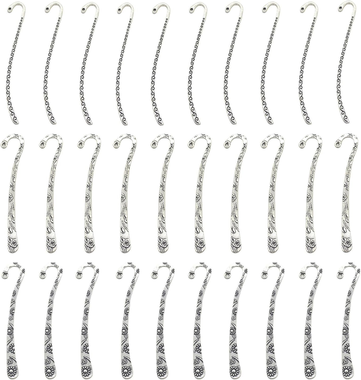30 Pack Metal Bookmark, Silver Metal Bookmark Hairpin Hook Antique Tibetan Silver Carved Hook Bookmarks with Loop for Crafting